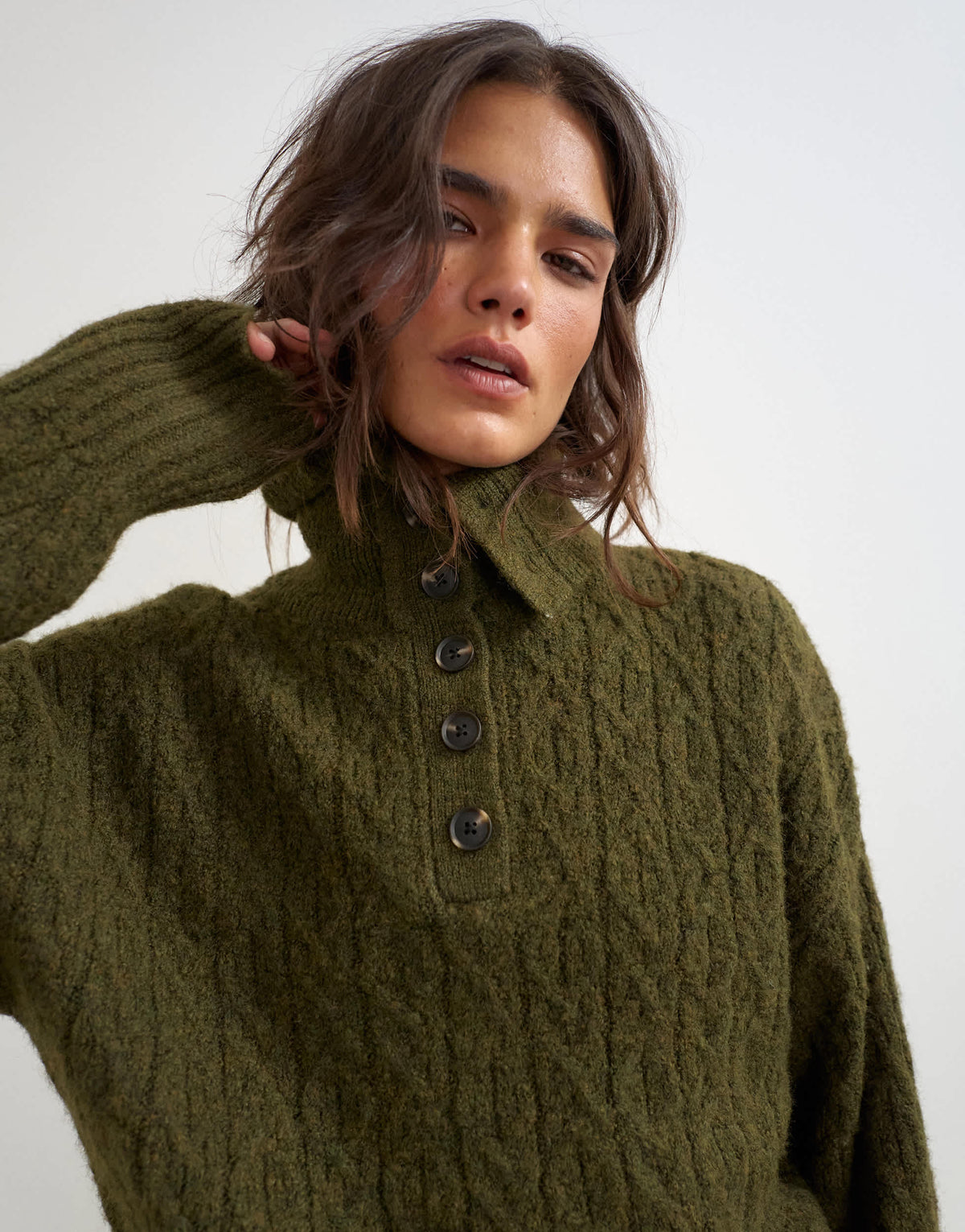 Topshop knitted cable stitch funnel neck jumper in moss