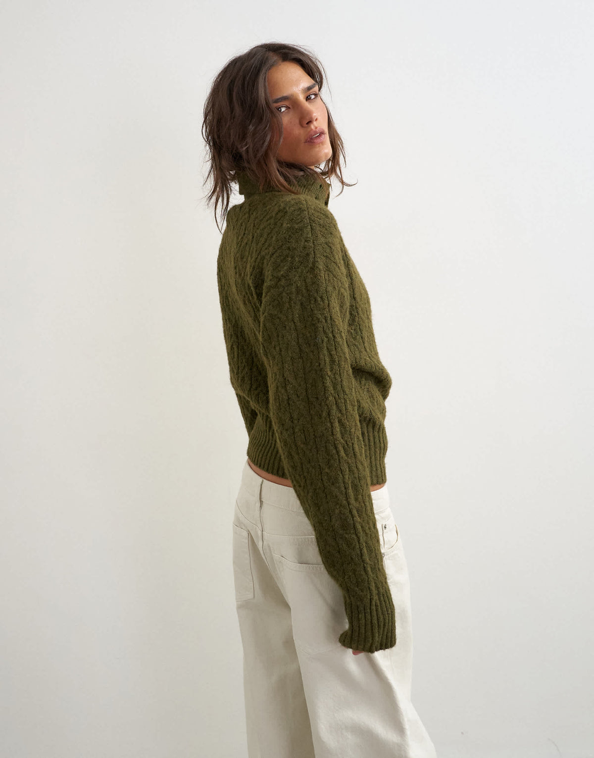 Topshop knitted cable stitch funnel neck jumper in moss