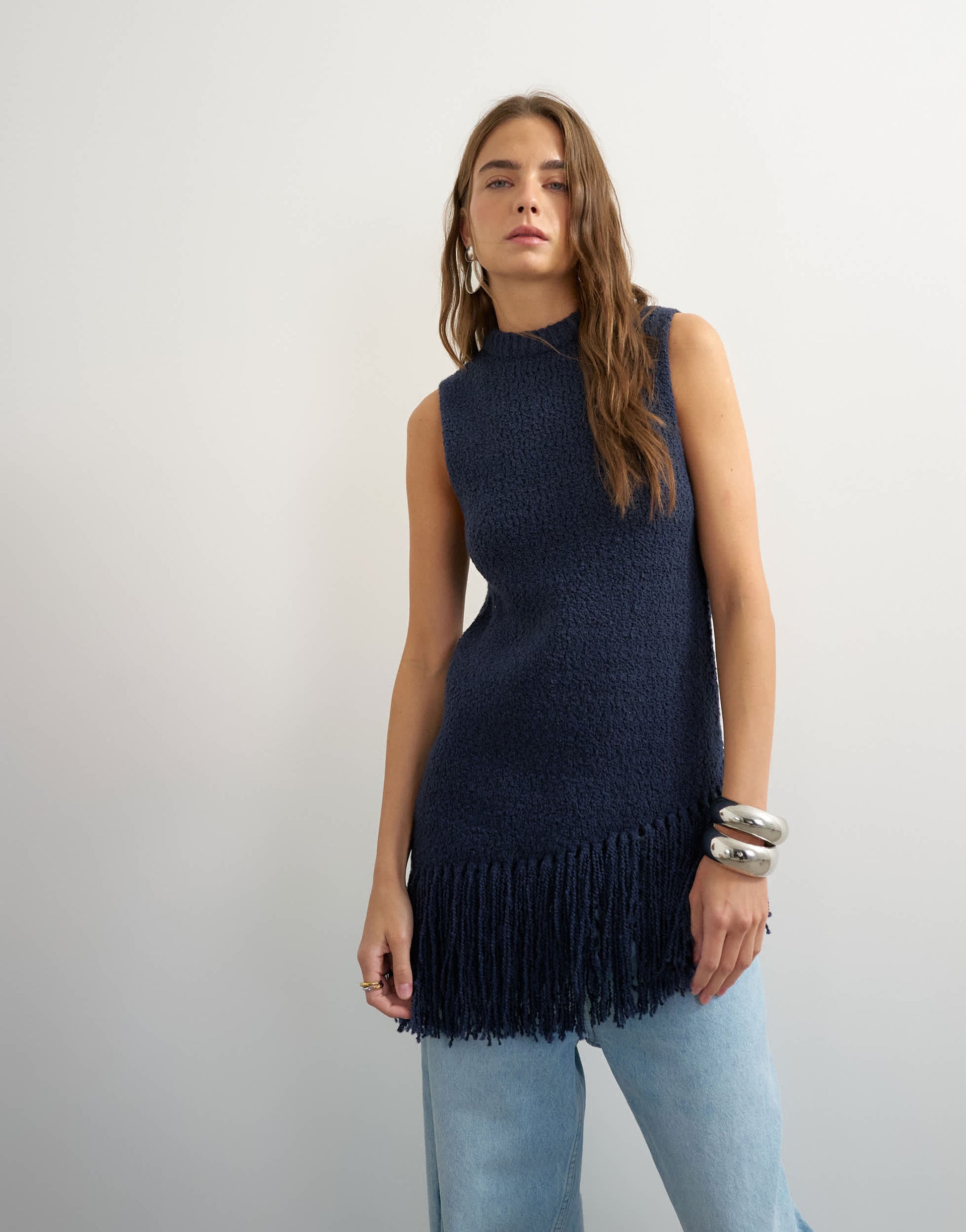 Topshop knitted asymmetrical fringe tunic in navy