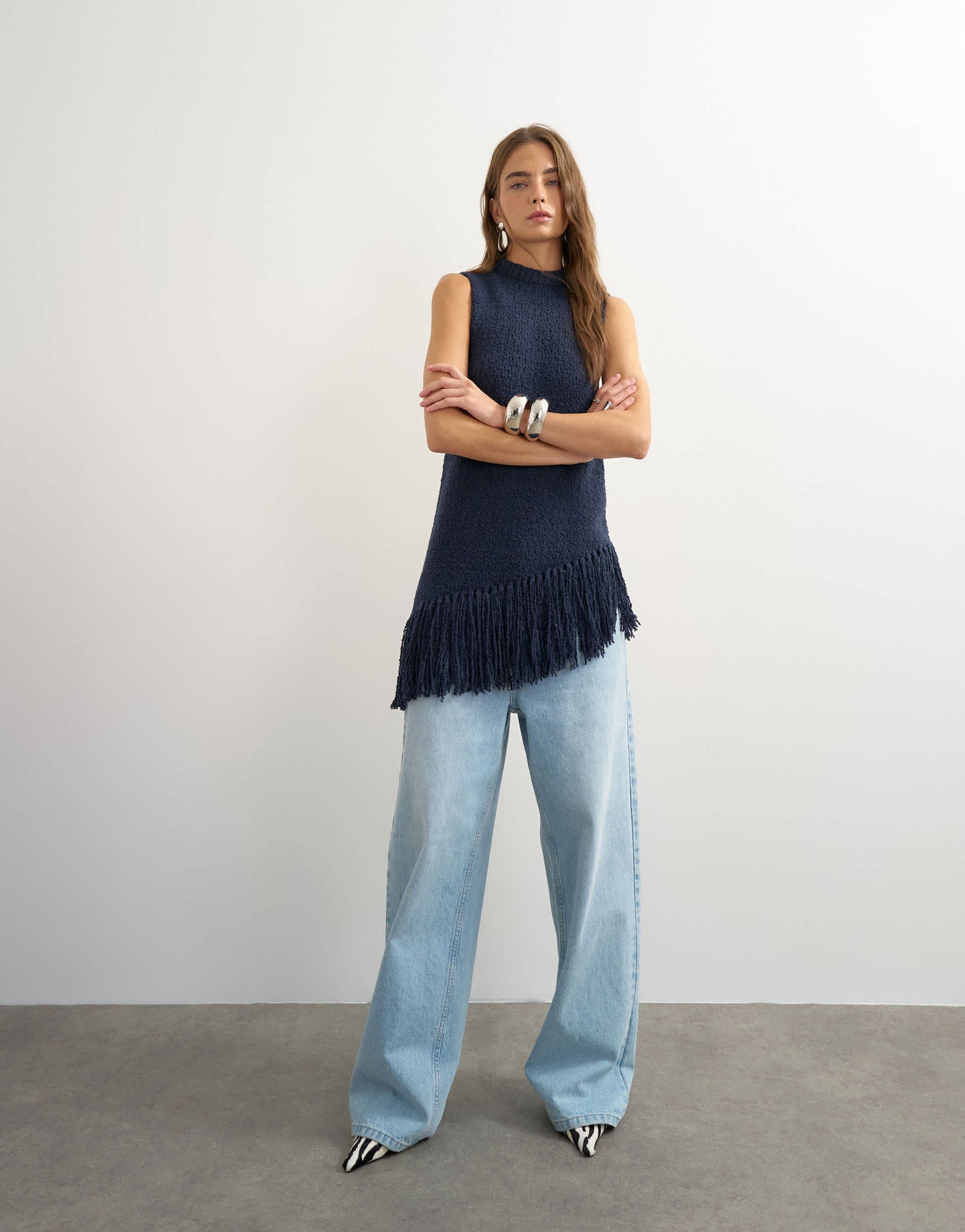 Topshop knitted asymmetrical fringe tunic in navy