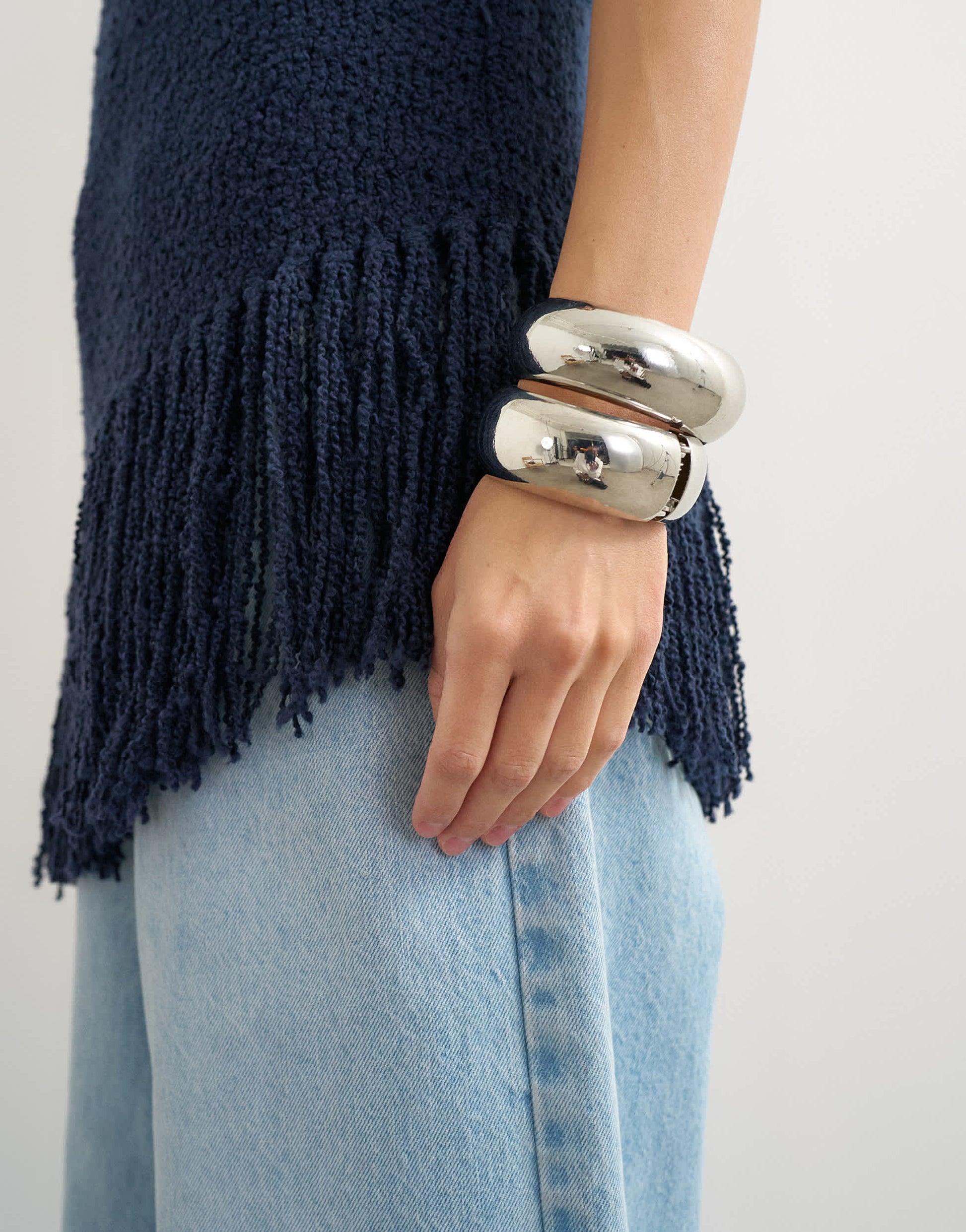 Topshop knitted asymmetrical fringe tunic in navy