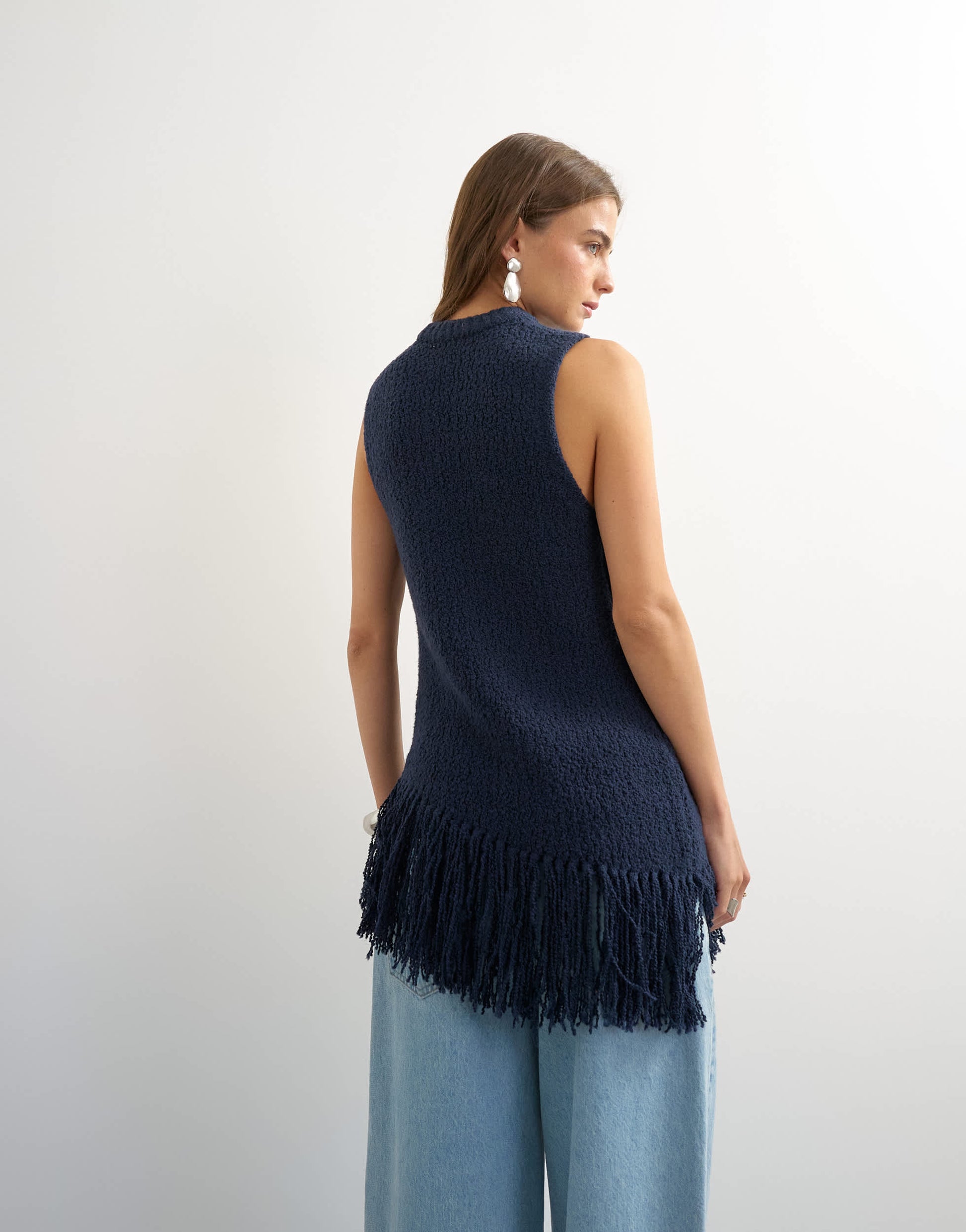 Topshop knitted asymmetrical fringe tunic in navy
