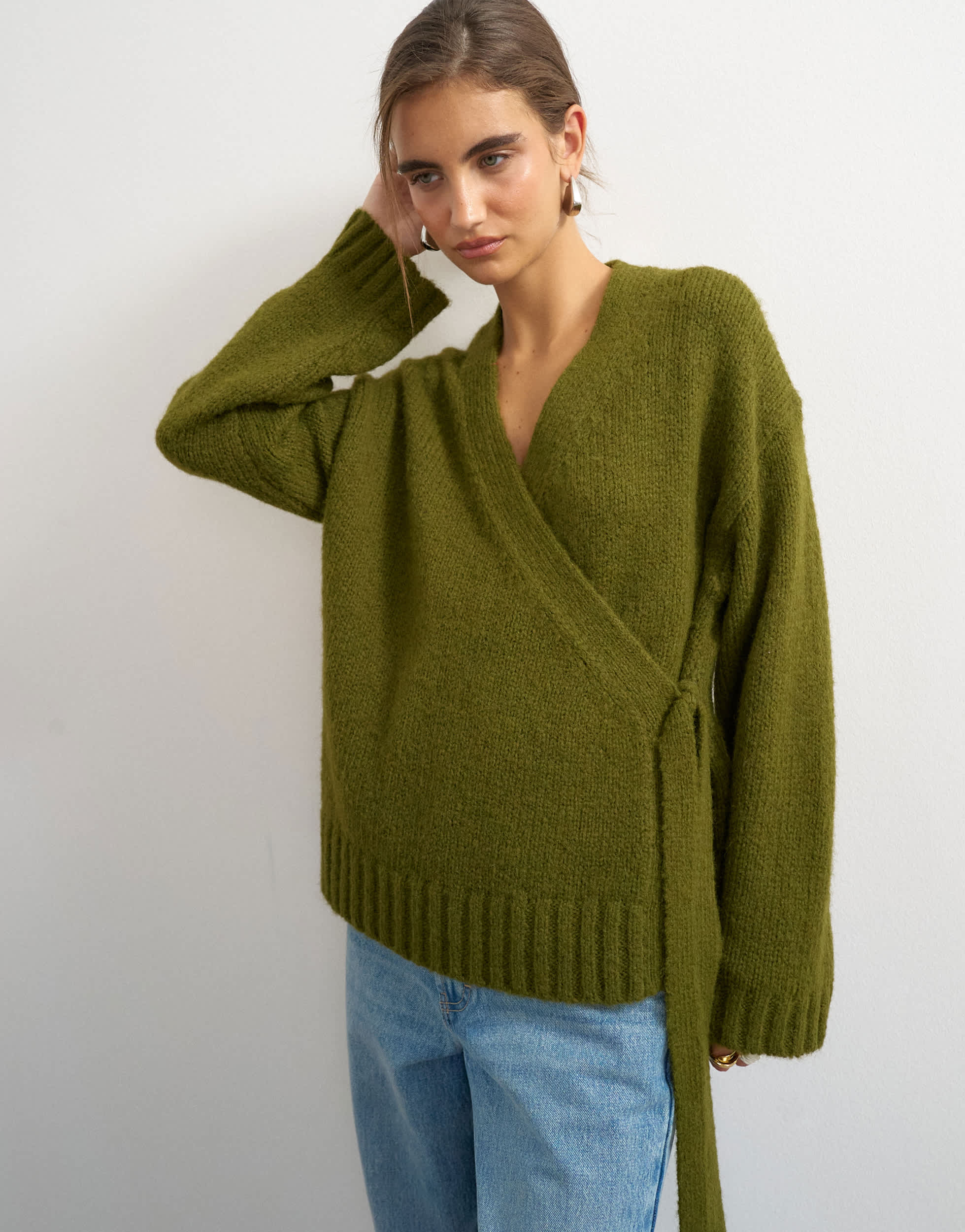 Topshop knitted wrap boxy cardigan with wool in moss