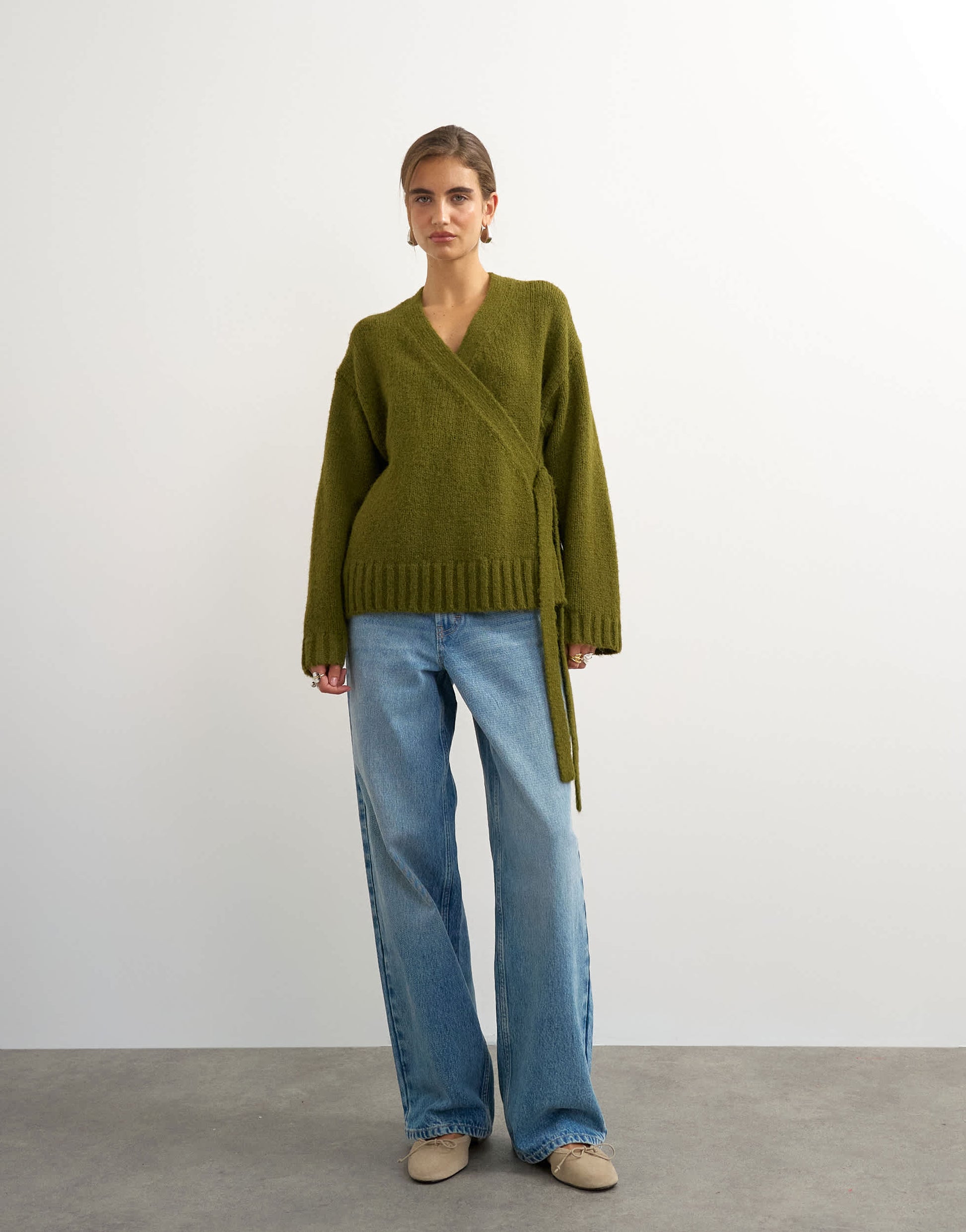 Topshop knitted wrap boxy cardigan with wool in moss