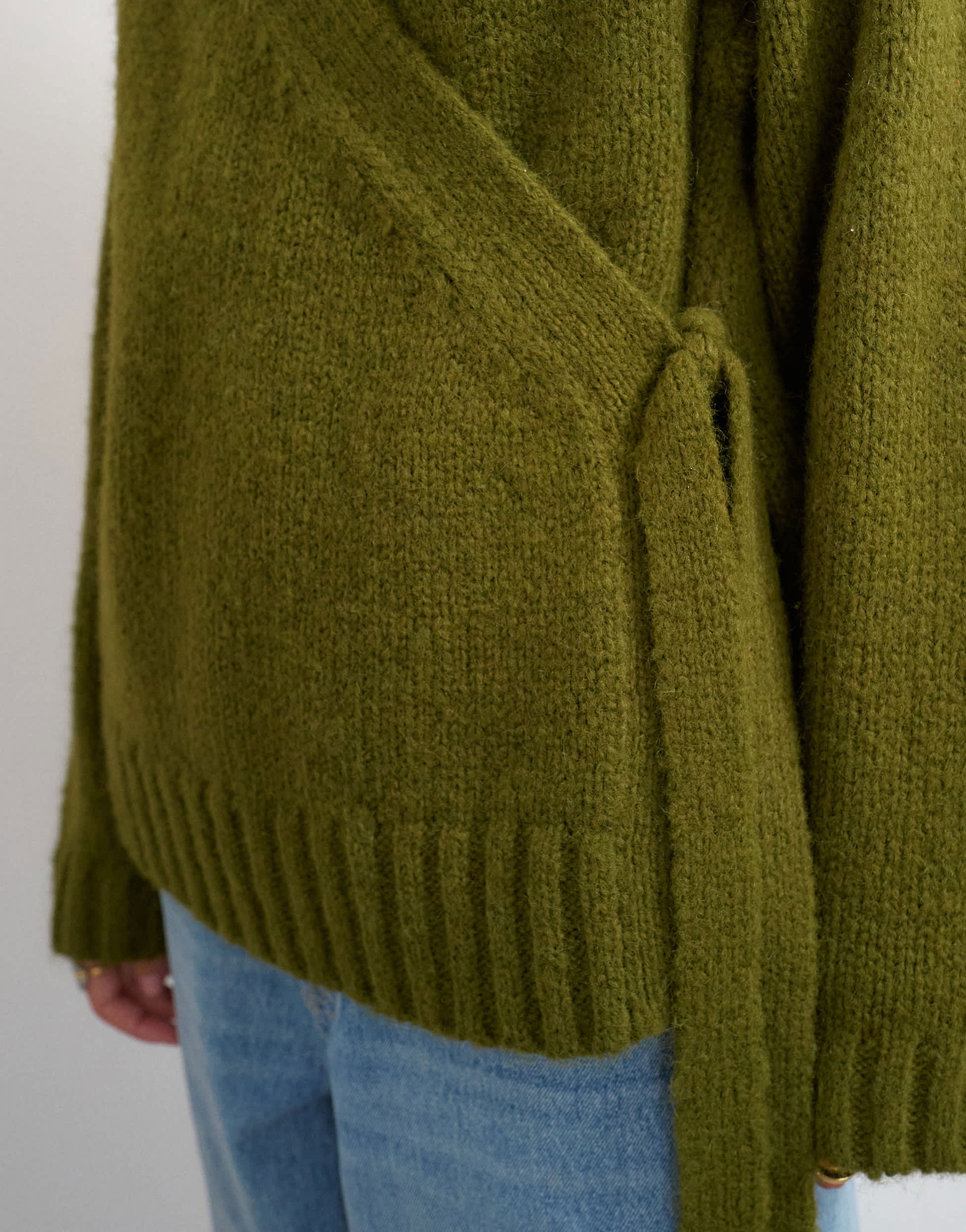 Topshop knitted wrap boxy cardigan with wool in moss