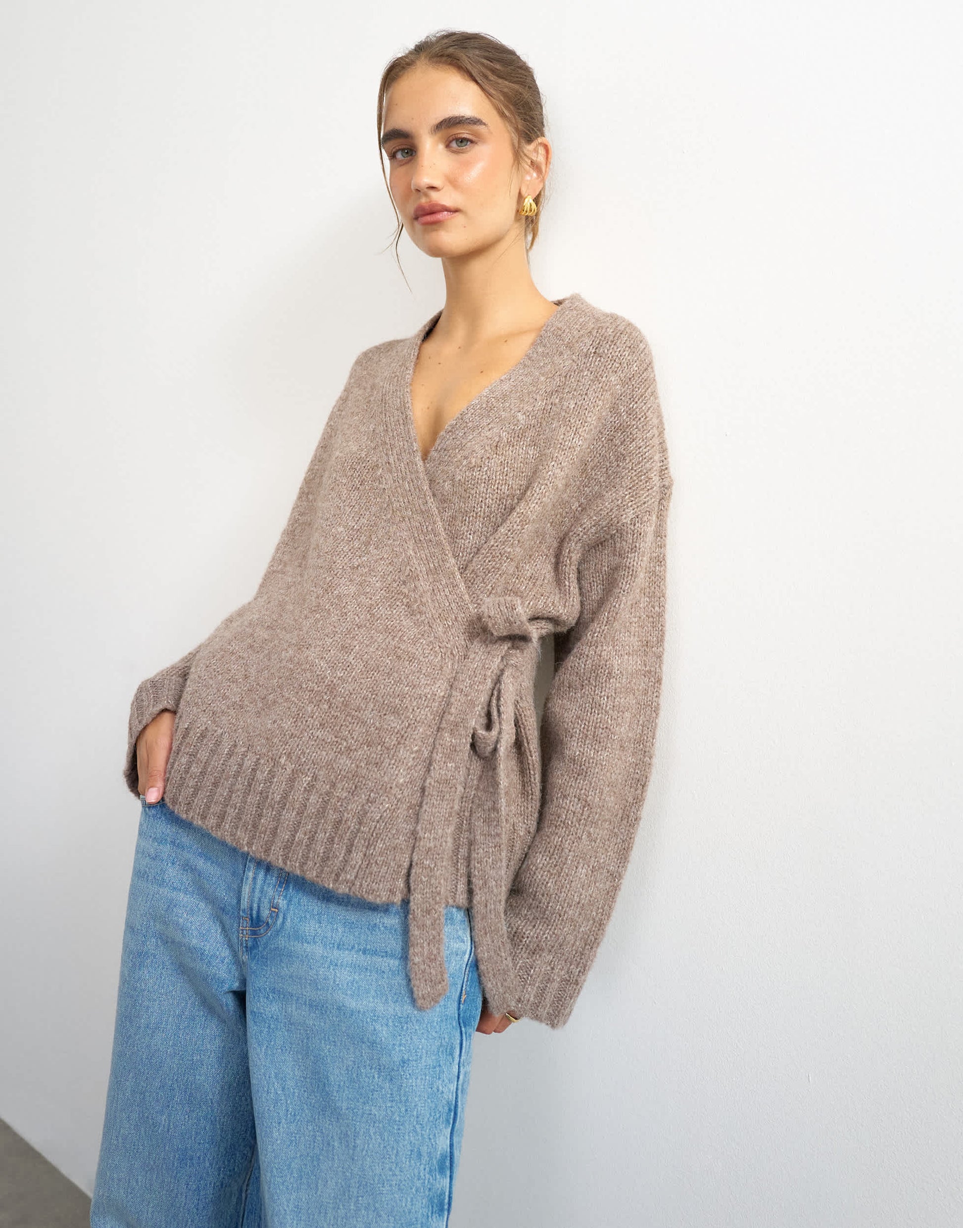Topshop knitted wrap boxy cardigan with wool in oat