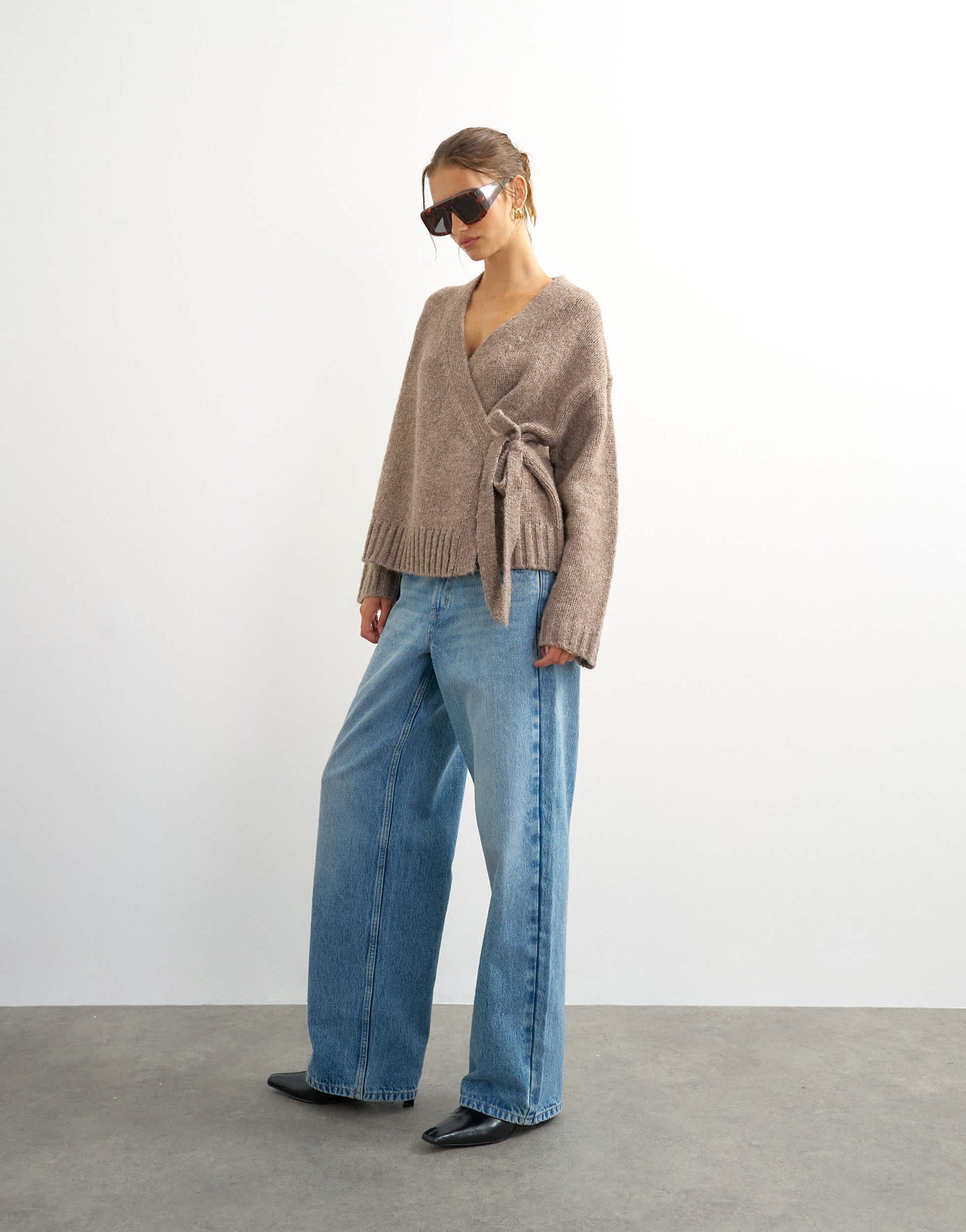 Topshop knitted wrap boxy cardigan with wool in oat