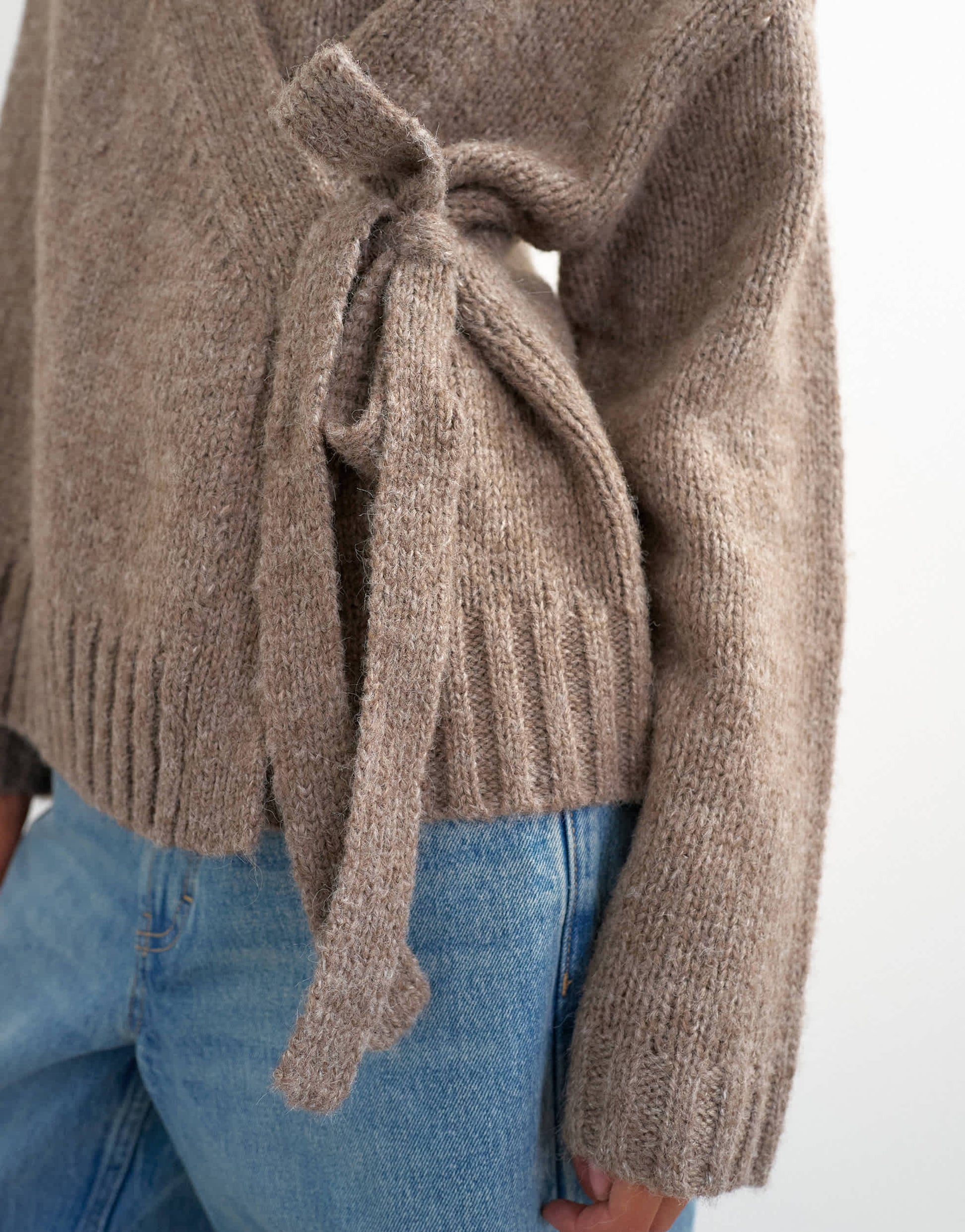 Topshop knitted wrap boxy cardigan with wool in oat