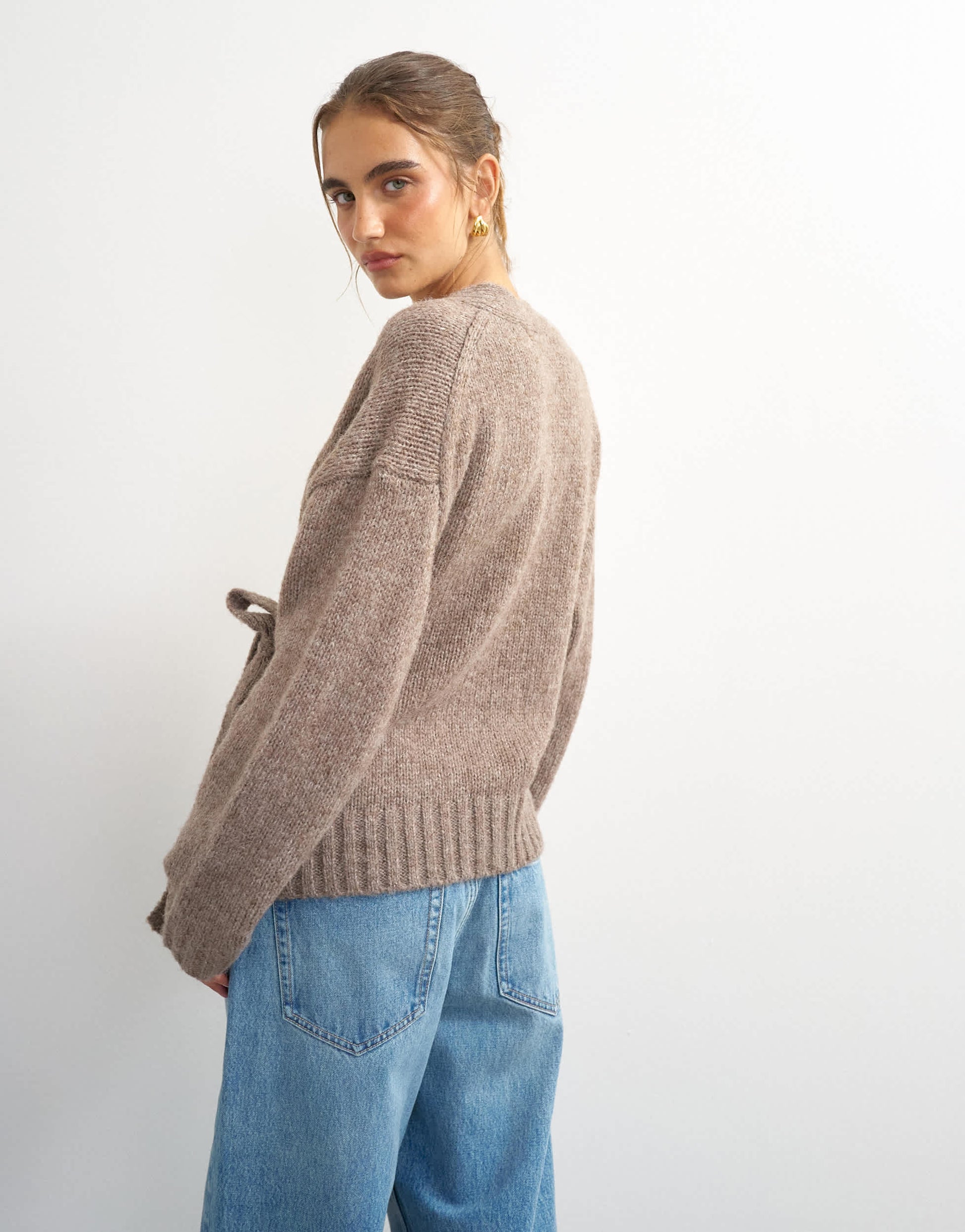Topshop knitted wrap boxy cardigan with wool in oat