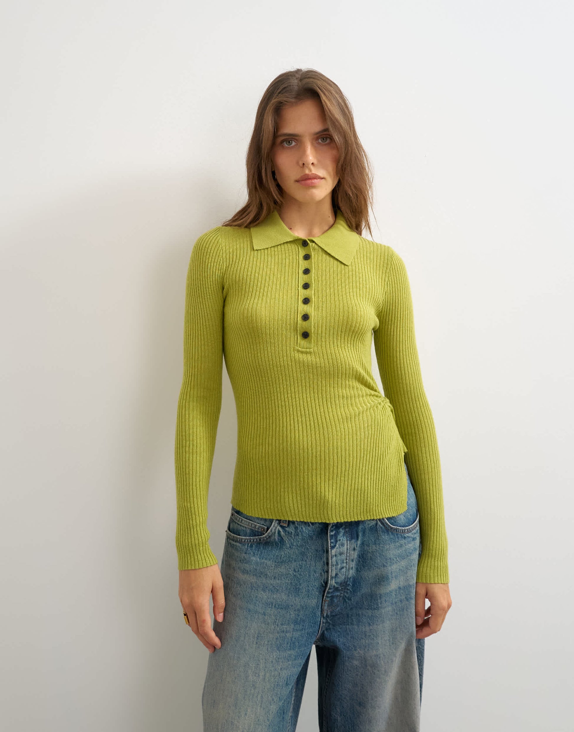 Topshop knitted side twist polo with wool in lime