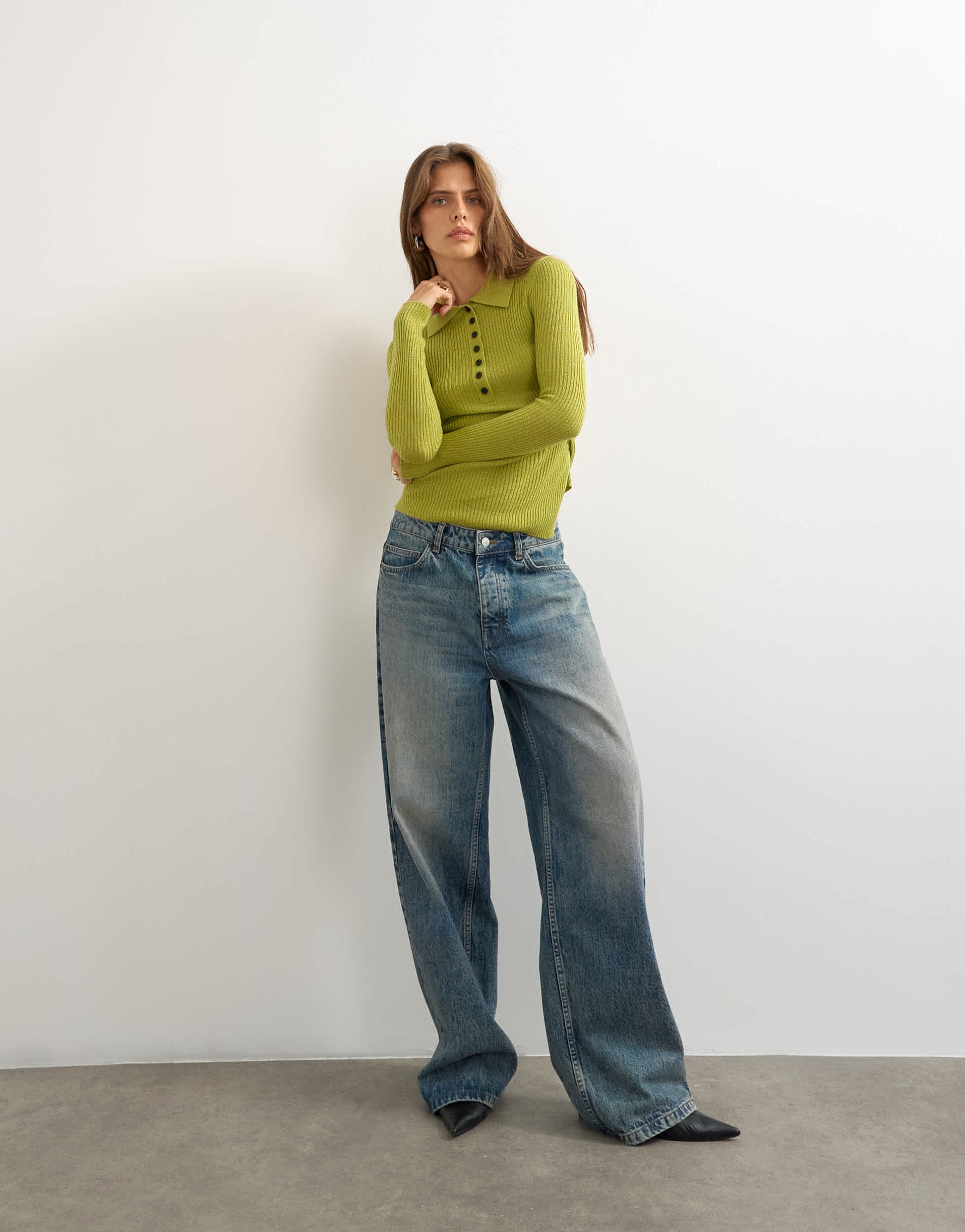 Topshop knitted side twist polo top with wool in lime