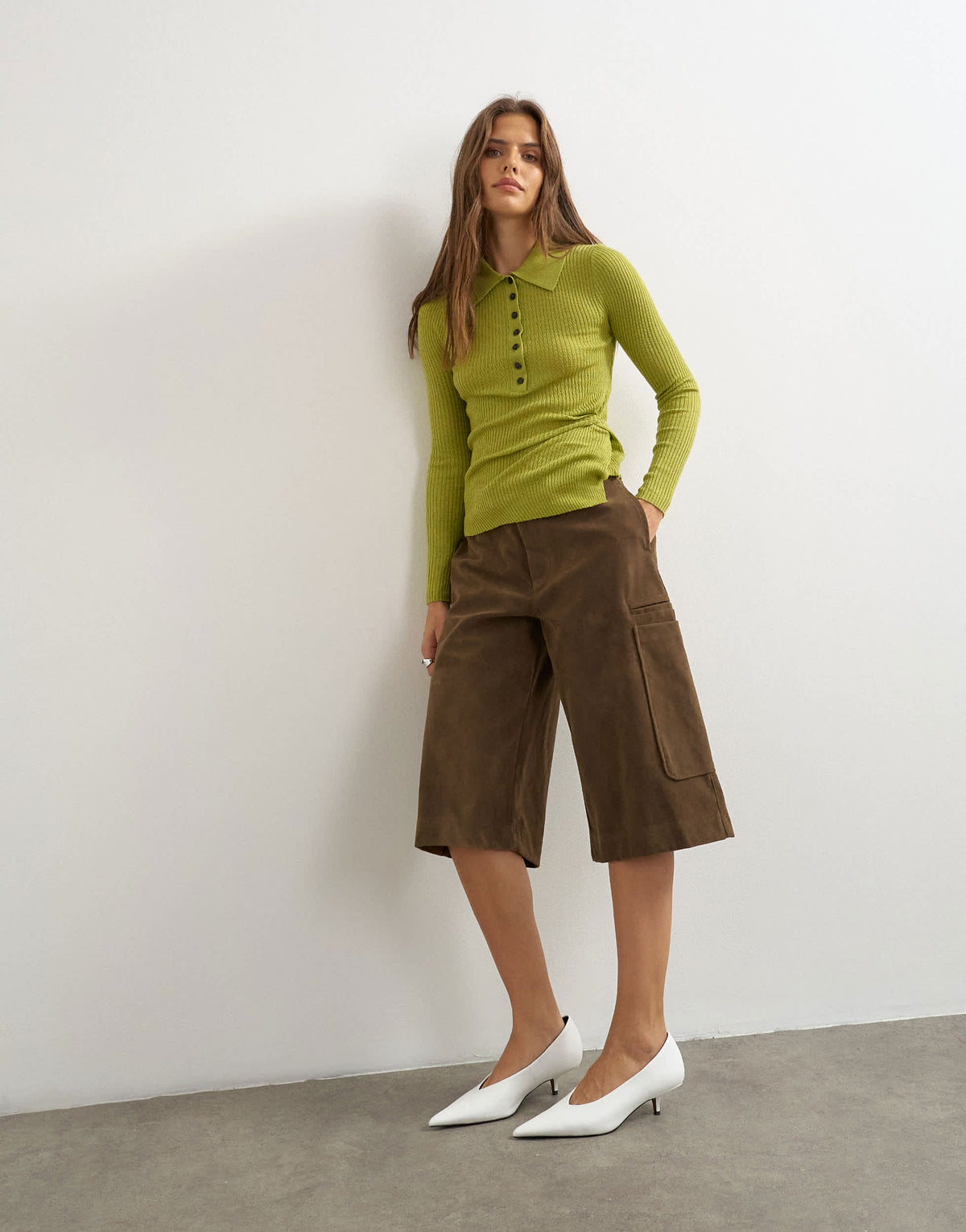 Topshop knitted side twist polo top with wool in lime