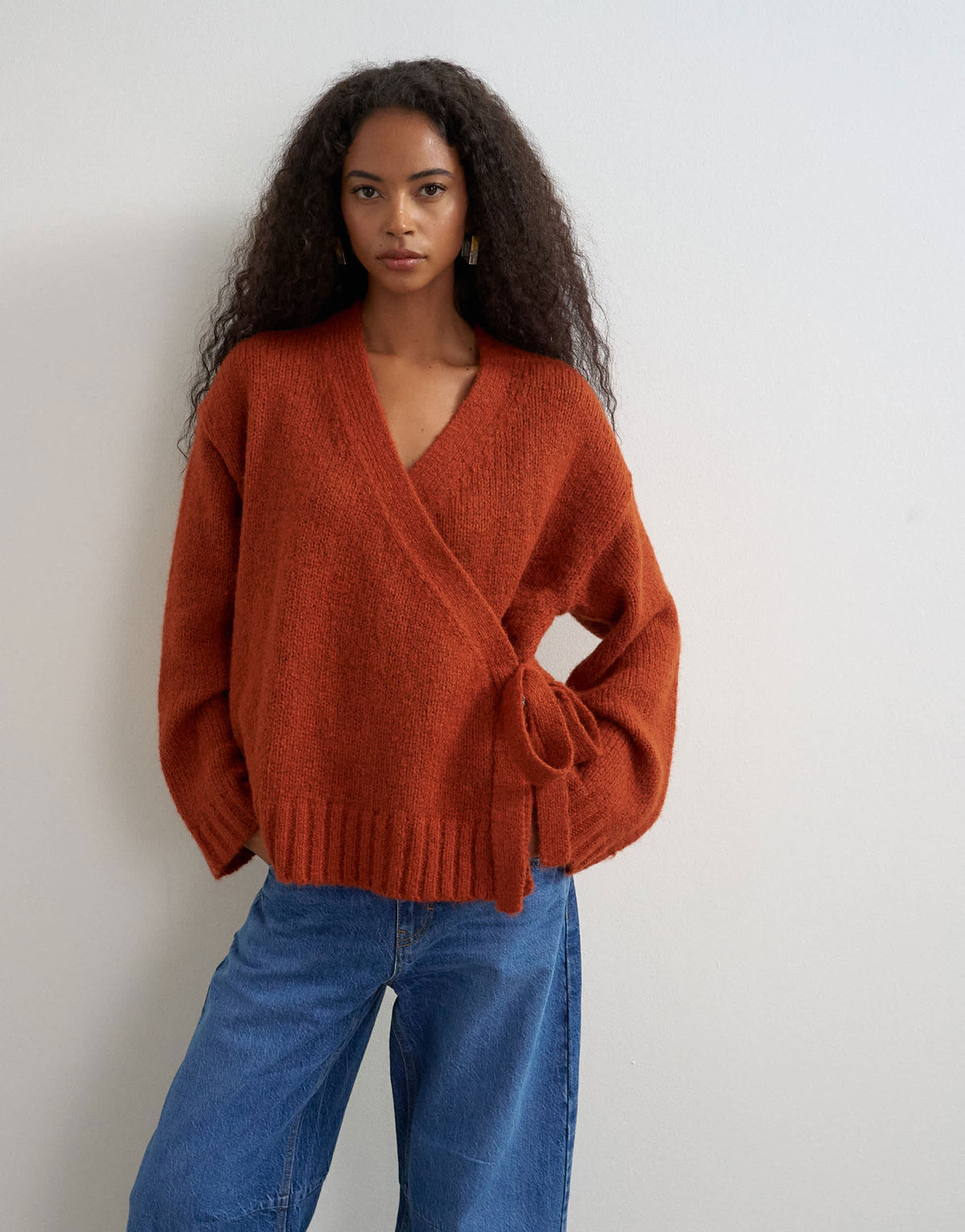 Topshop knitted wrap boxy cardigan with wool in cinnamon