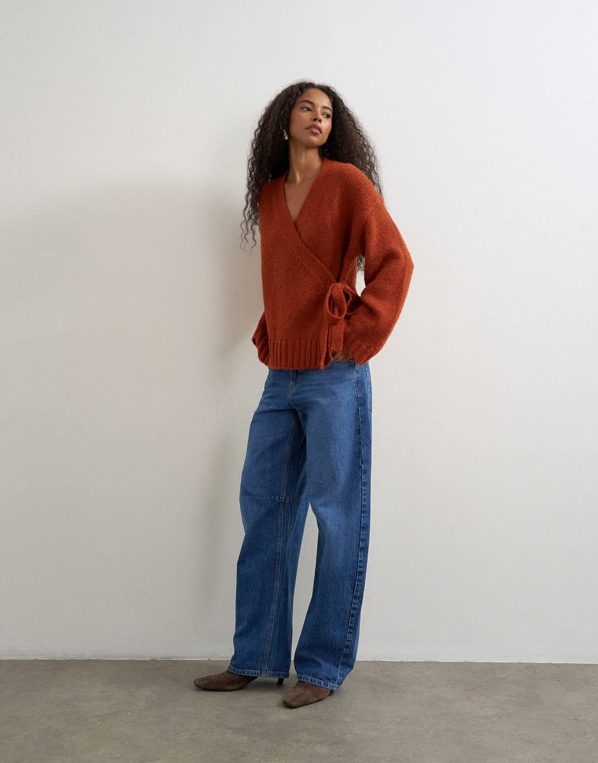 Topshop knitted wrap boxy cardigan with wool in cinnamon