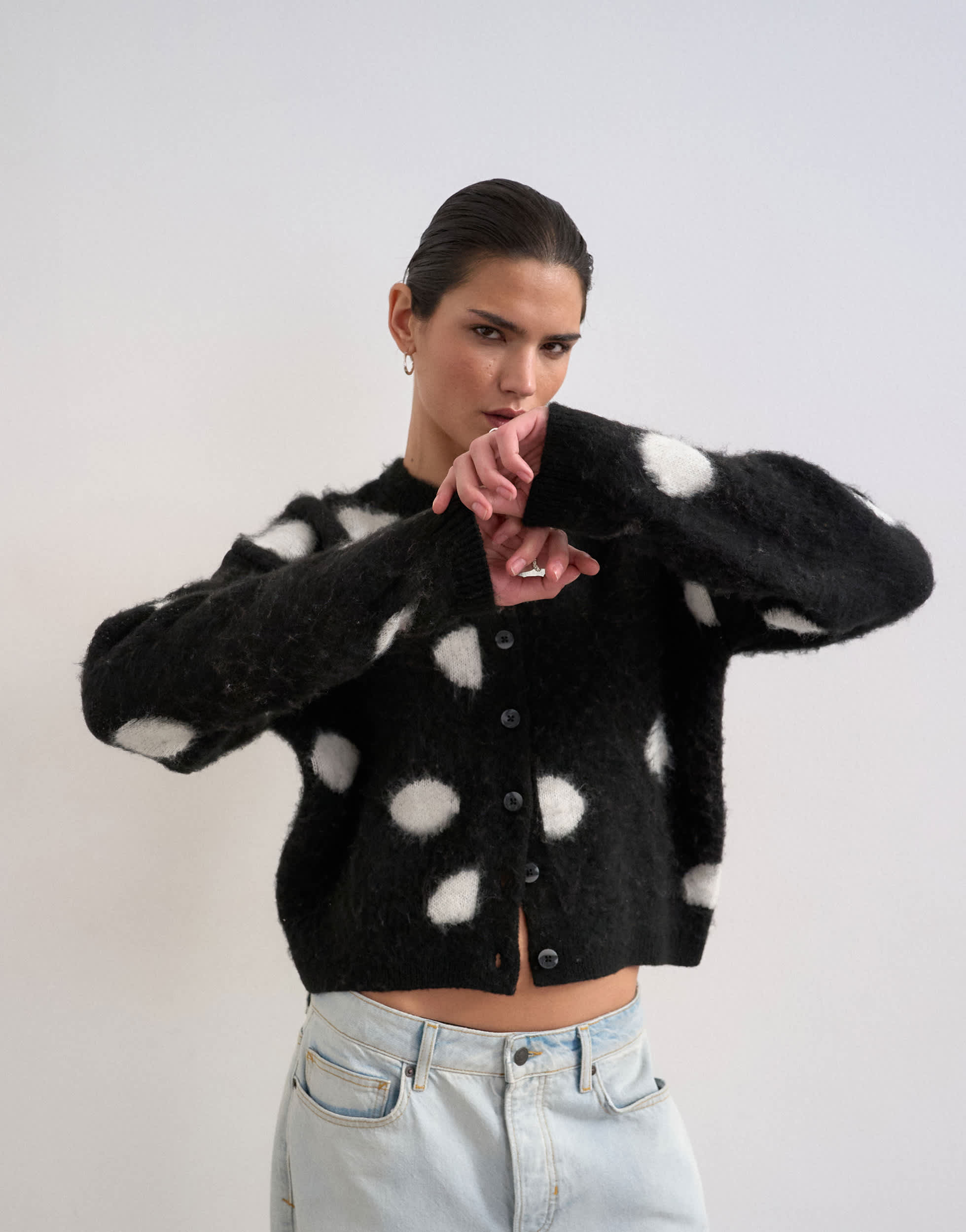 Topshop knitted brushed spot cardigan in mono