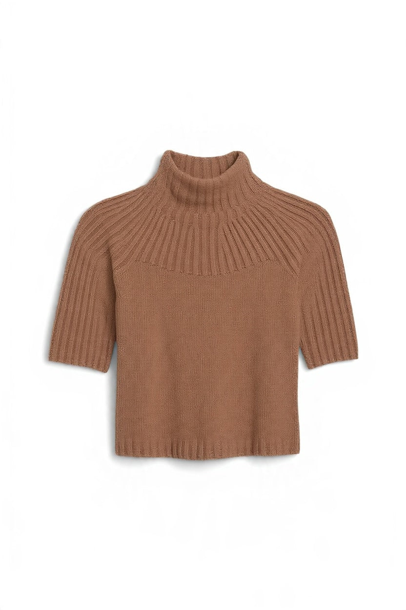 Topshop knitted rib yoke funnel neck top in gingerbread