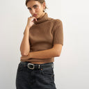 Topshop knitted rib yoke funnel neck top in gingerbread