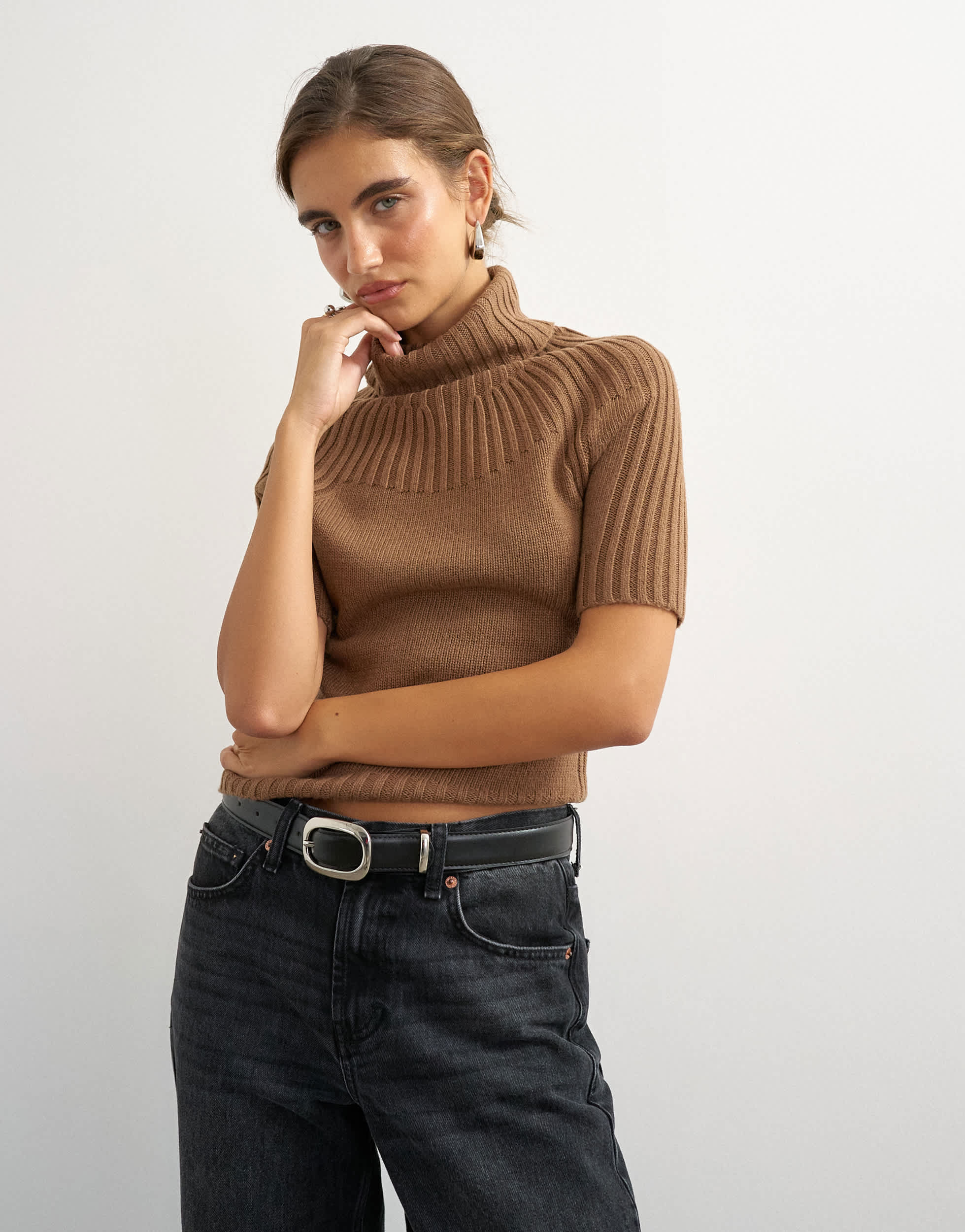 Topshop knitted rib yoke funnel neck top in gingerbread