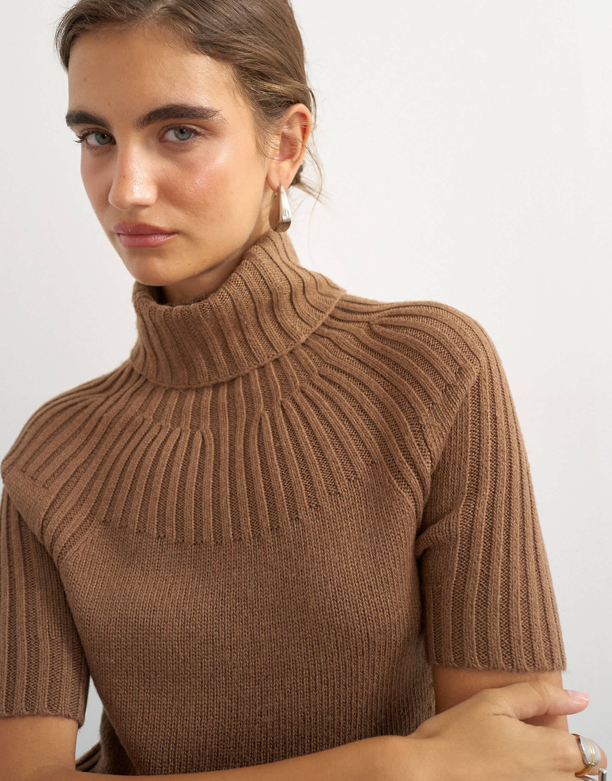 Topshop knitted rib yoke funnel neck top in gingerbread