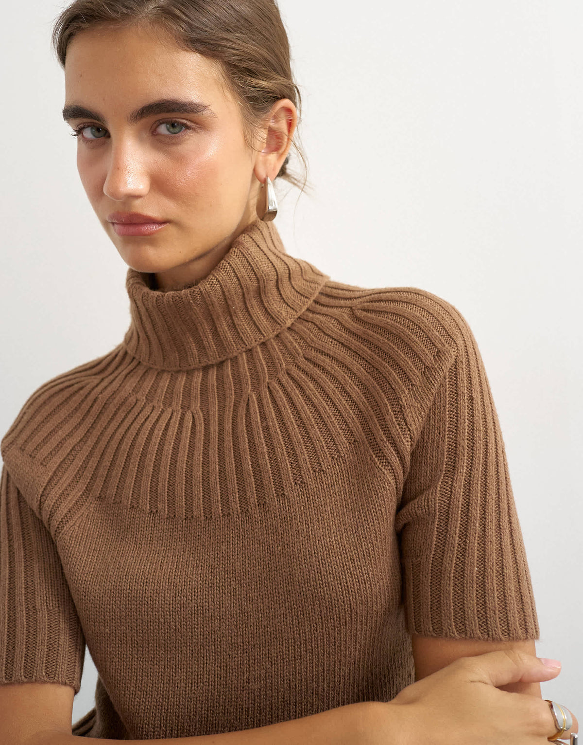 Topshop knitted rib yoke funnel neck top in gingerbread
