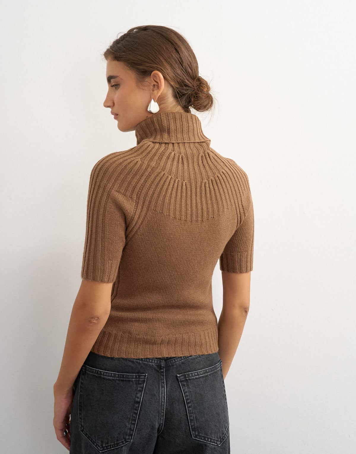 Topshop knitted rib yoke funnel neck top in gingerbread