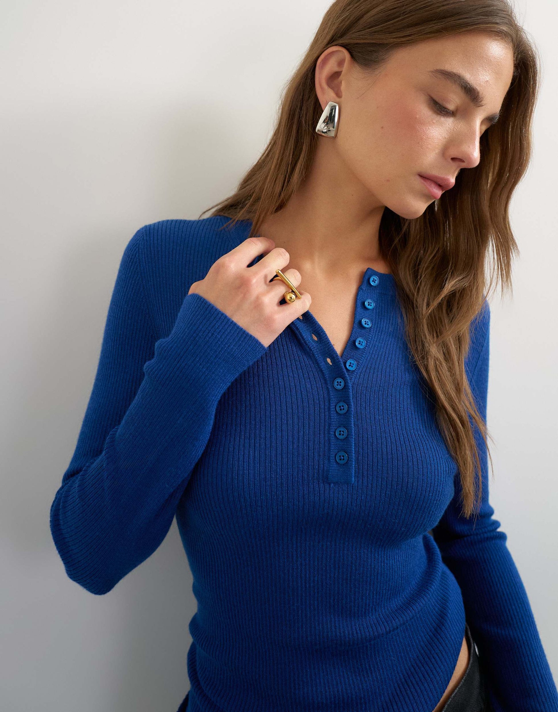Topshop knitted wool blend henley long sleeve top in cobalt