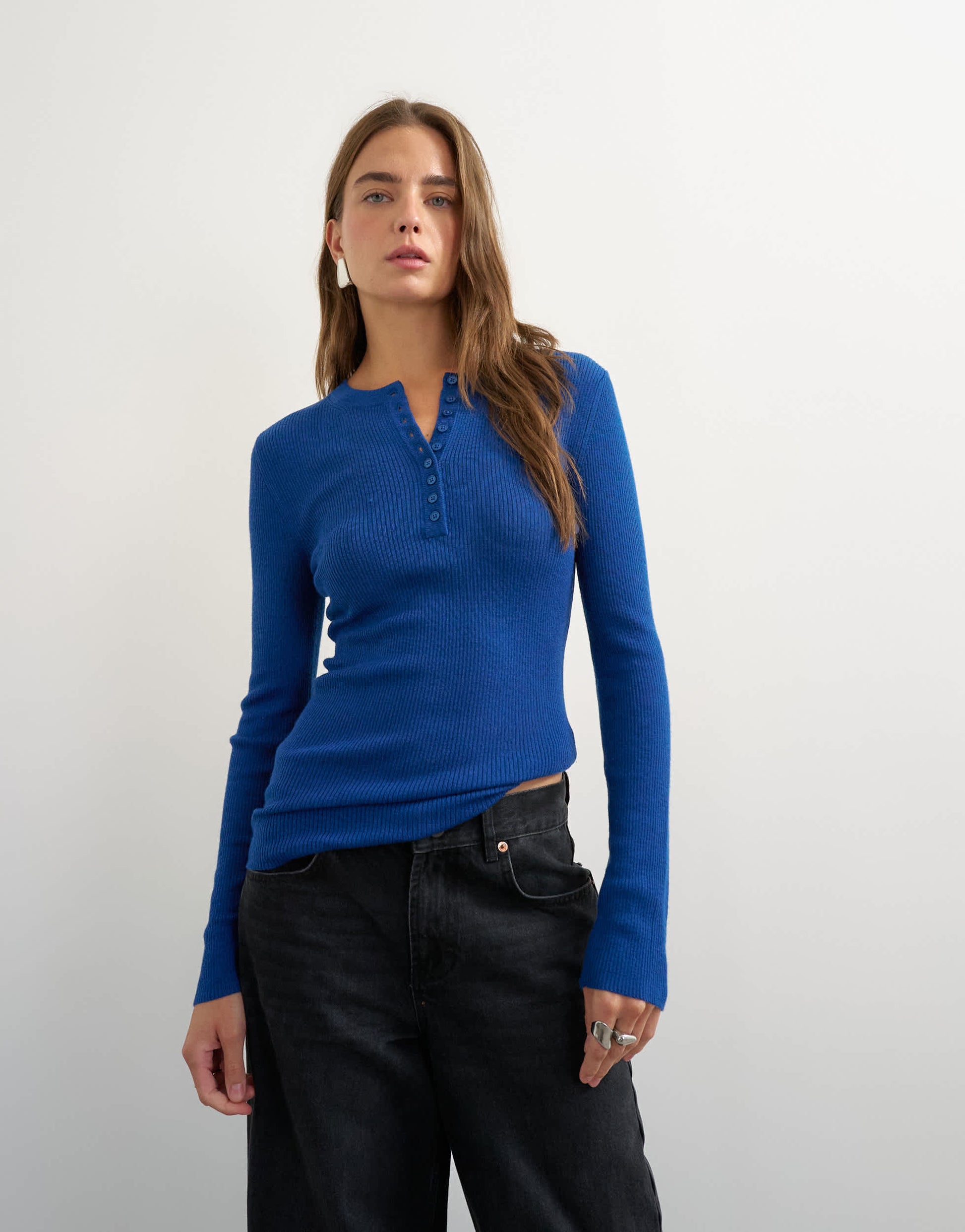 Topshop knitted wool blend henley long sleeve top in cobalt