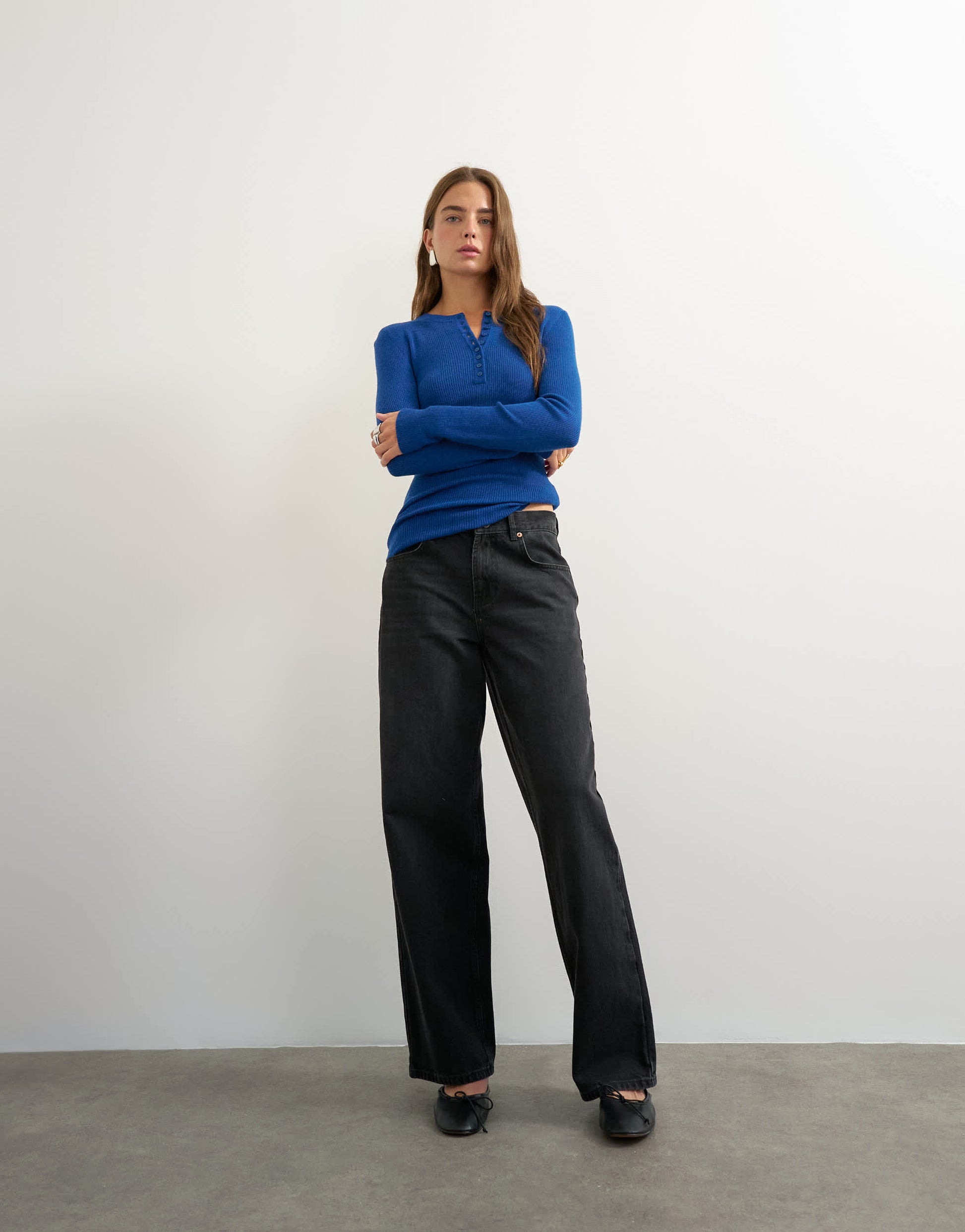 Topshop knitted wool blend henley long sleeve top in cobalt