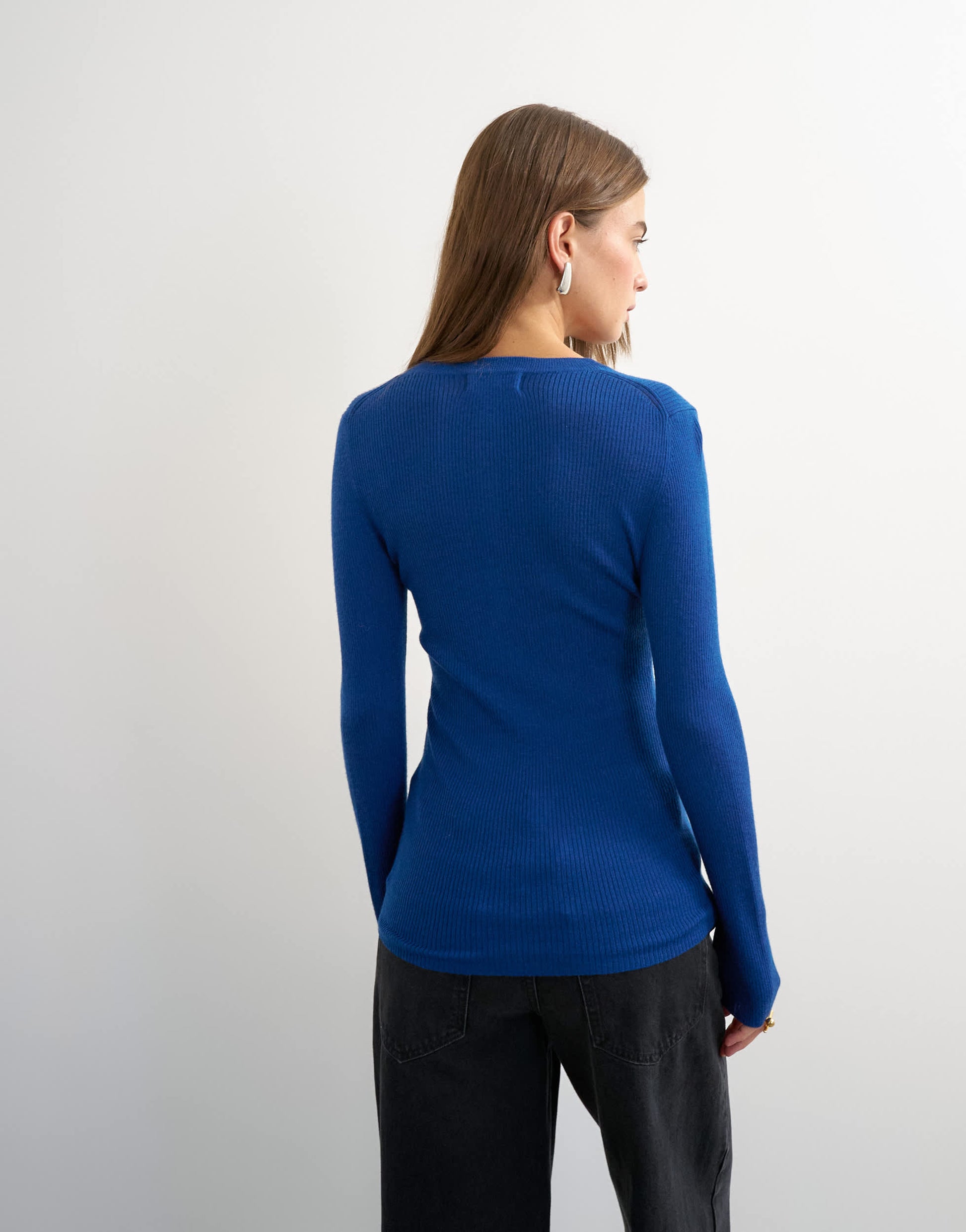 Topshop knitted wool blend henley long sleeve top in cobalt