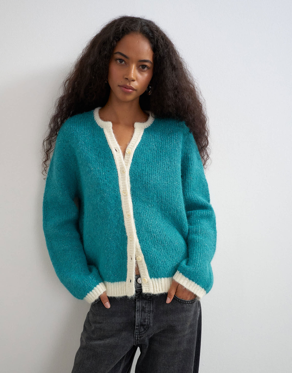 Topshop knitted fluffy eyelash cardigan in teal with tipping detail