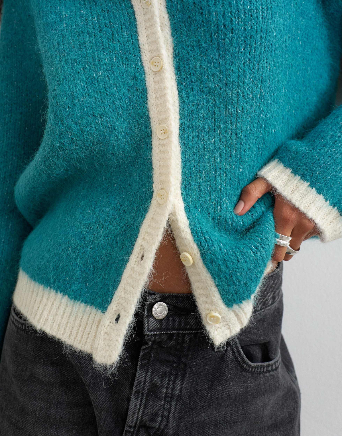 Topshop knitted fluffy eyelash cardigan in teal with tipping detail