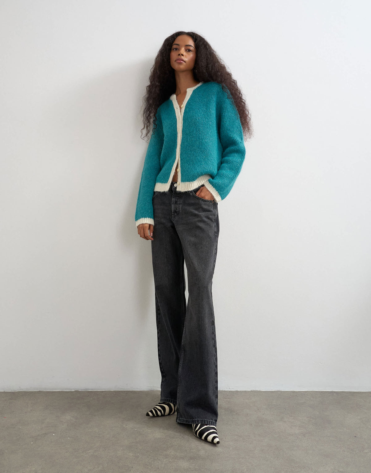 Topshop knitted fluffy eyelash cardigan in teal with tipping detail