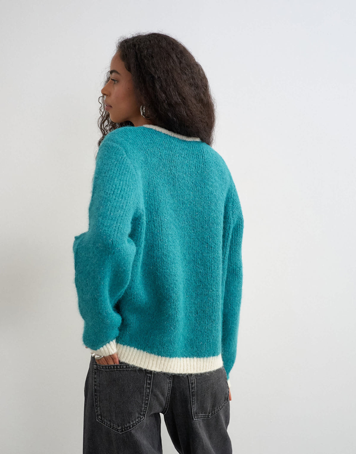 Topshop knitted fluffy eyelash cardigan in teal with tipping detail