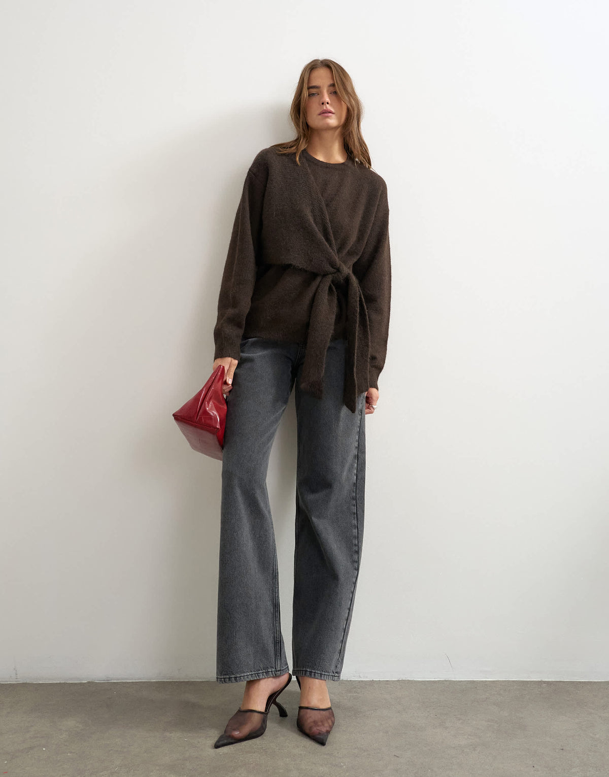 Topshop knitted front tie jumper with wool and alpaca in tobacco