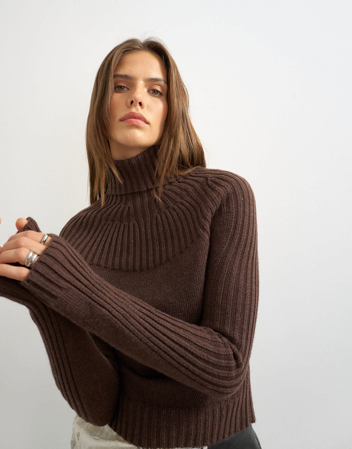 Topshop knitted rib yoke long sleeve top in pecan