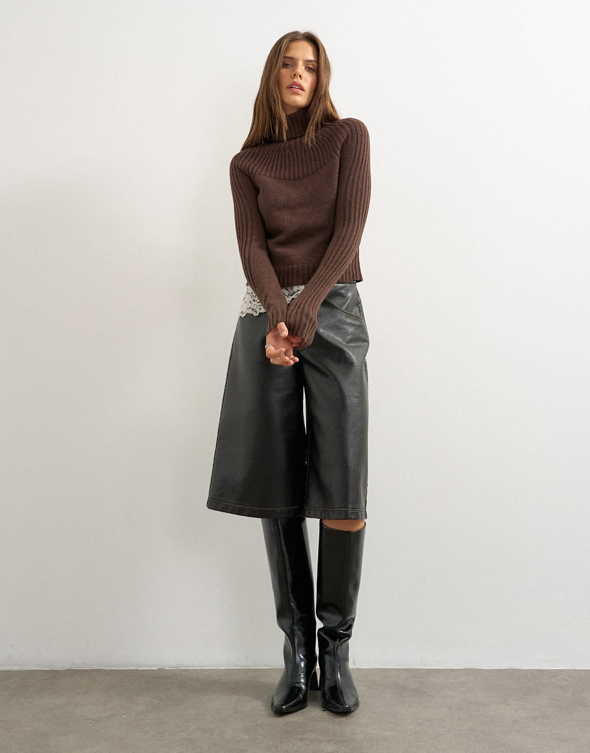 Topshop knitted rib yoke long sleeve top in pecan