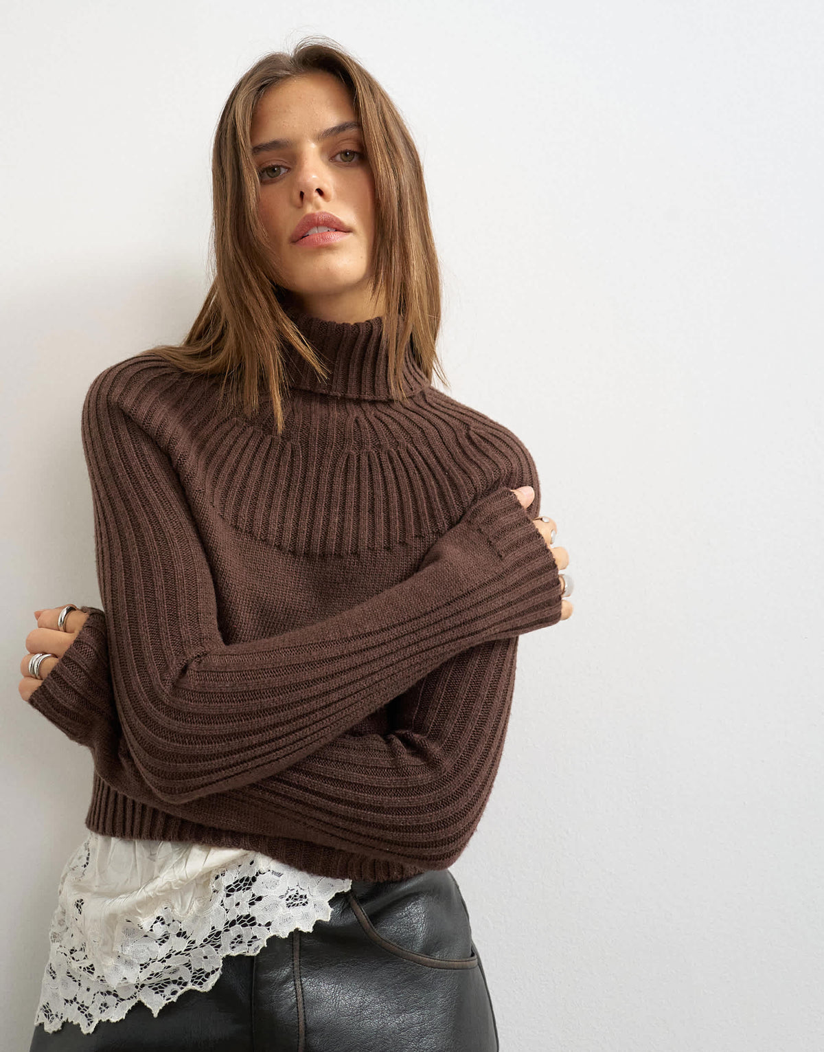 Topshop knitted rib yoke long sleeve top in pecan