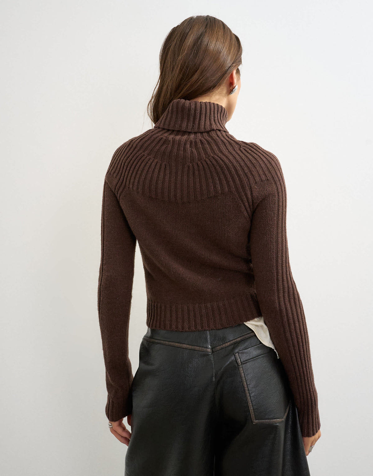 Topshop knitted rib yoke long sleeve top in pecan