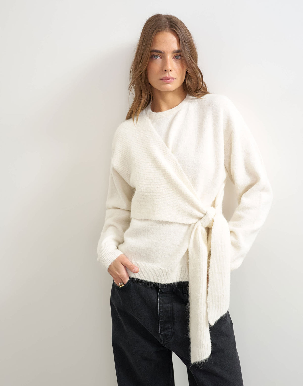 Topshop knitted front tie jumper with wool and alpaca in ivory