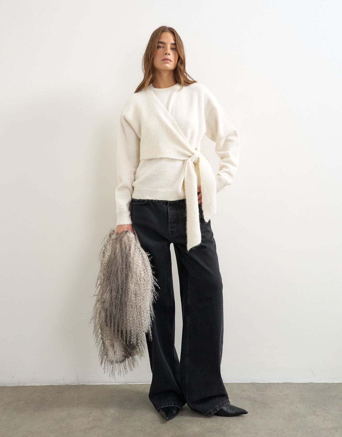 Topshop knitted front tie jumper with wool and alpaca in ivory