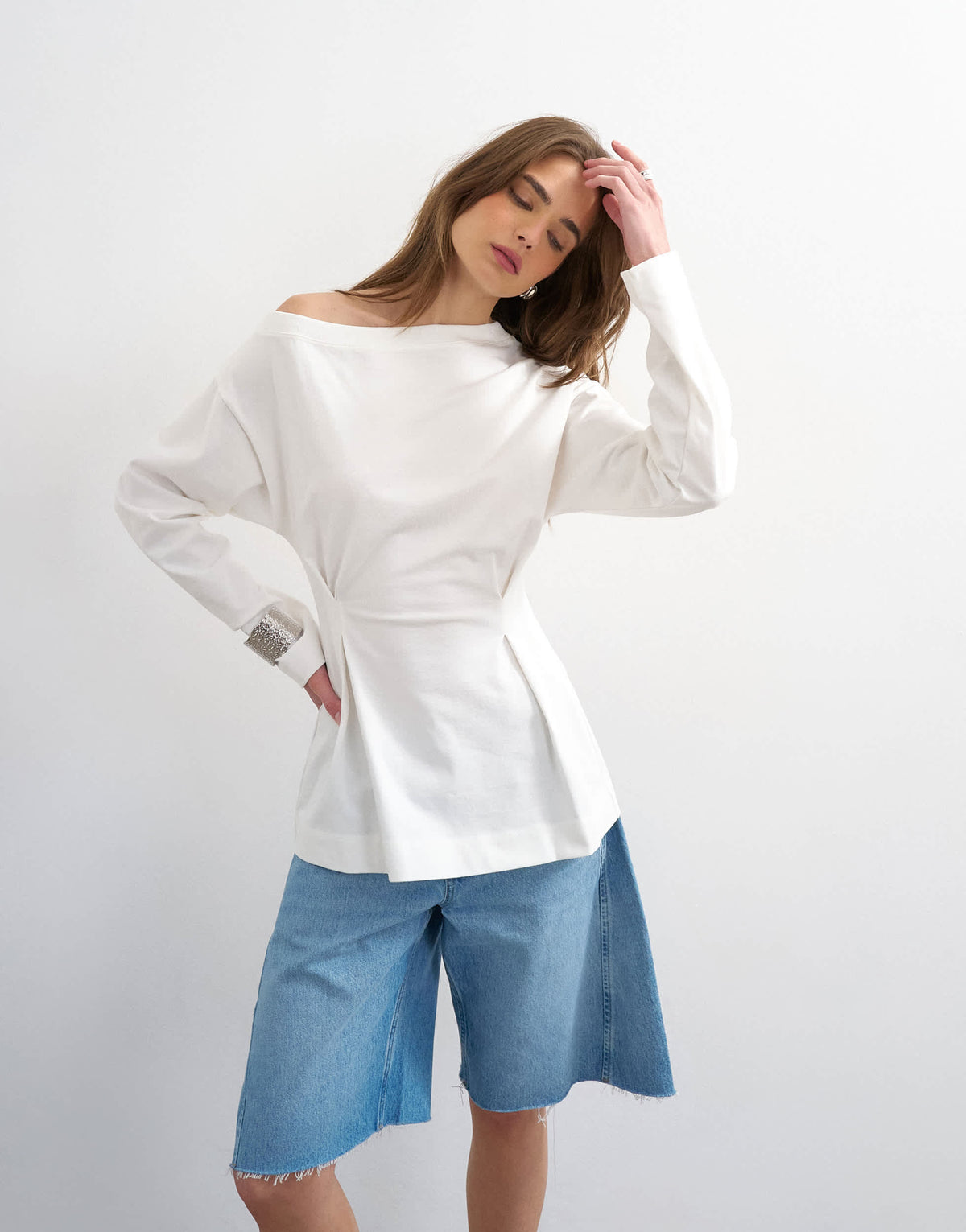 Topshop cinch off the shoulder top in white