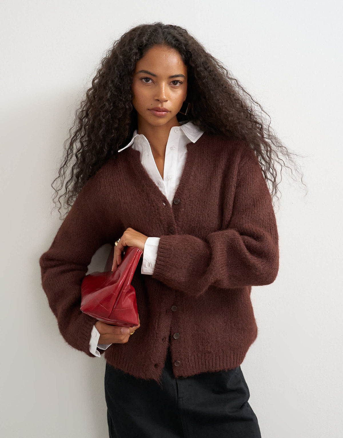 Topshop knitted fluffy eyelash cardigan in chocolate