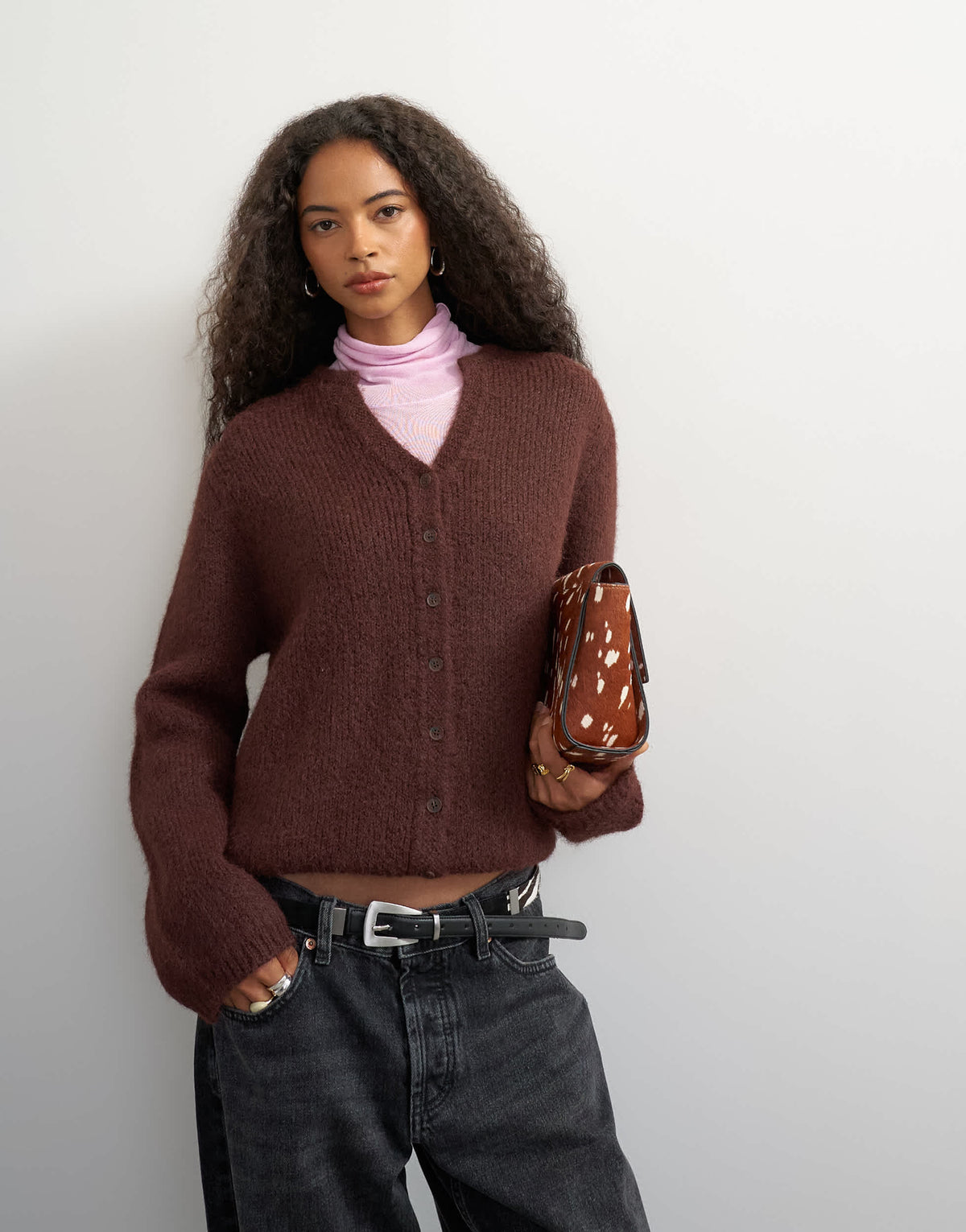 Topshop knitted fluffy eyelash cardigan in chocolate