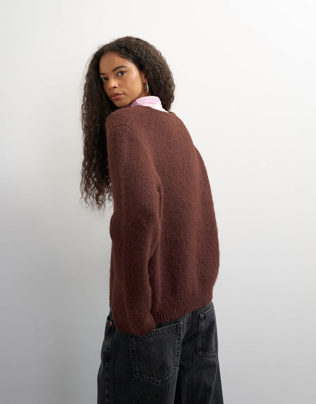 Topshop knitted fluffy eyelash cardigan in chocolate