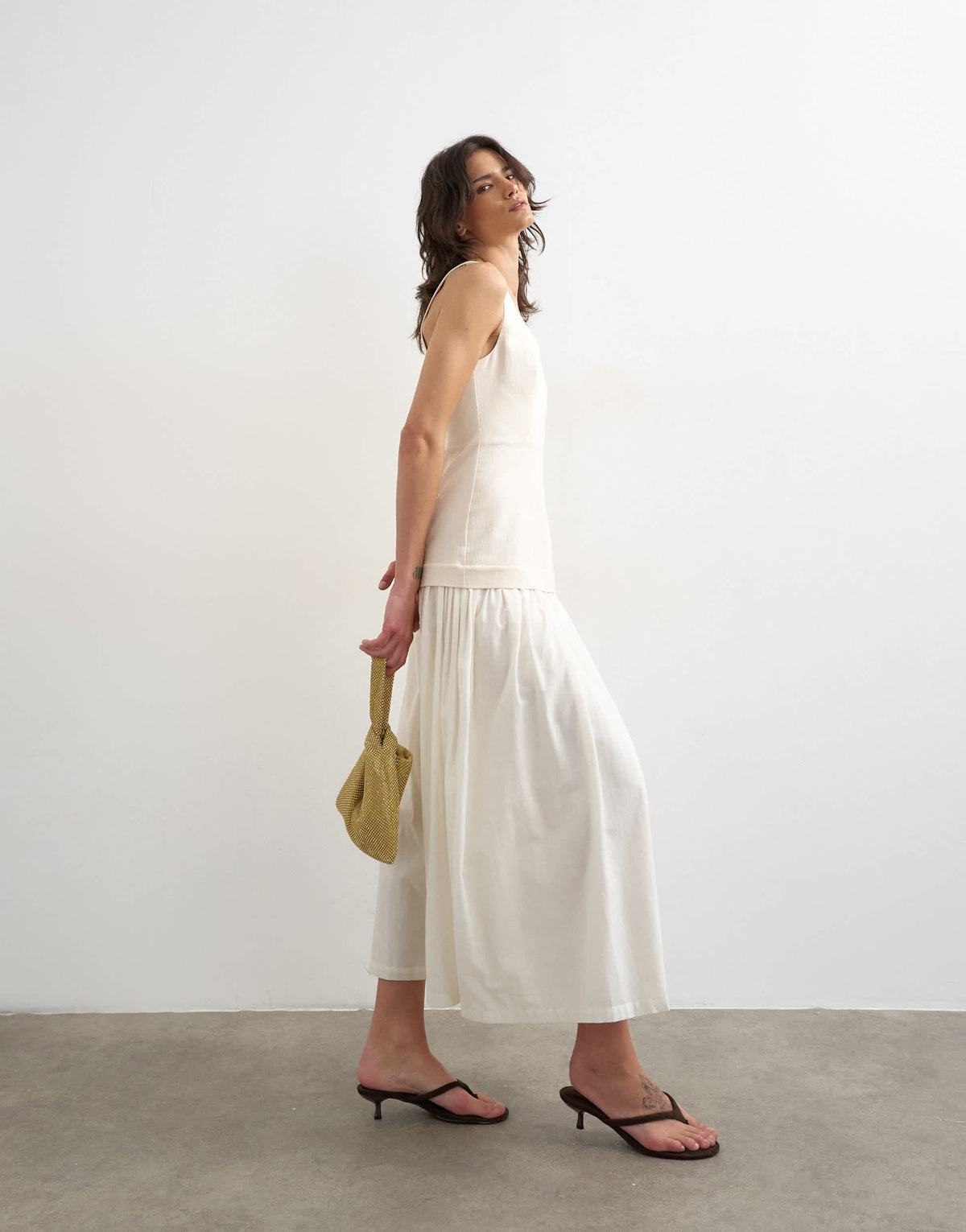 Topshop heavy twill dropped waist maxi dress with full skirt in natural