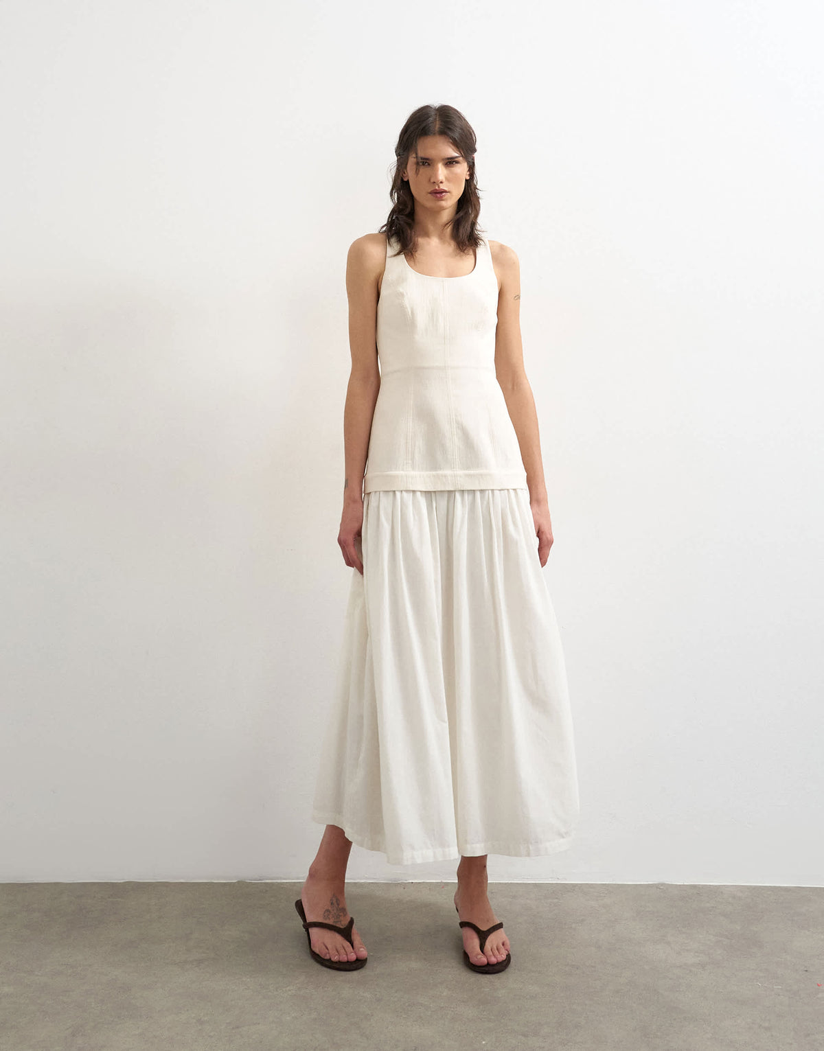 Topshop heavy twill dropped waist maxi dress with full skirt in natural
