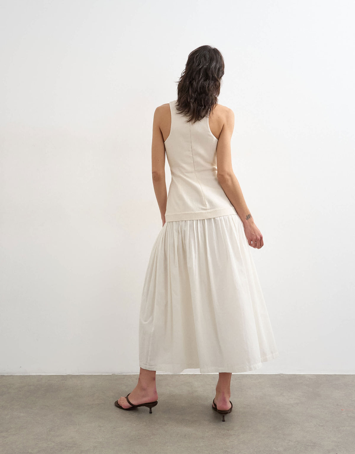 Topshop heavy twill dropped waist maxi dress with full skirt in natural
