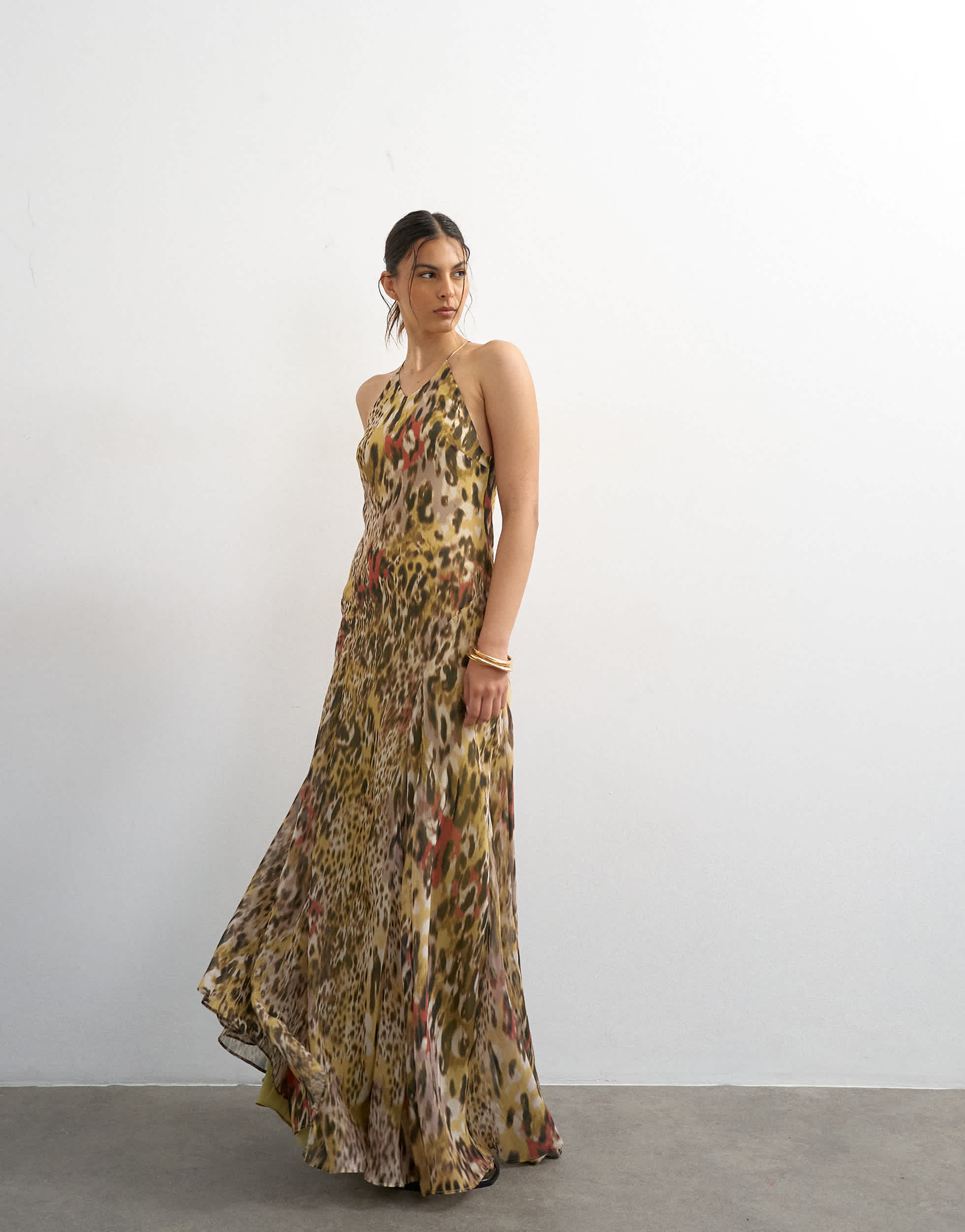 Topshop chiffon cut away racer neck full skirt maxi dress in abstract animal