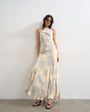 Topshop satin racer neck maxi dress in blue floral jacquard