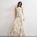 Topshop satin racer neck maxi dress in blue floral jacquard